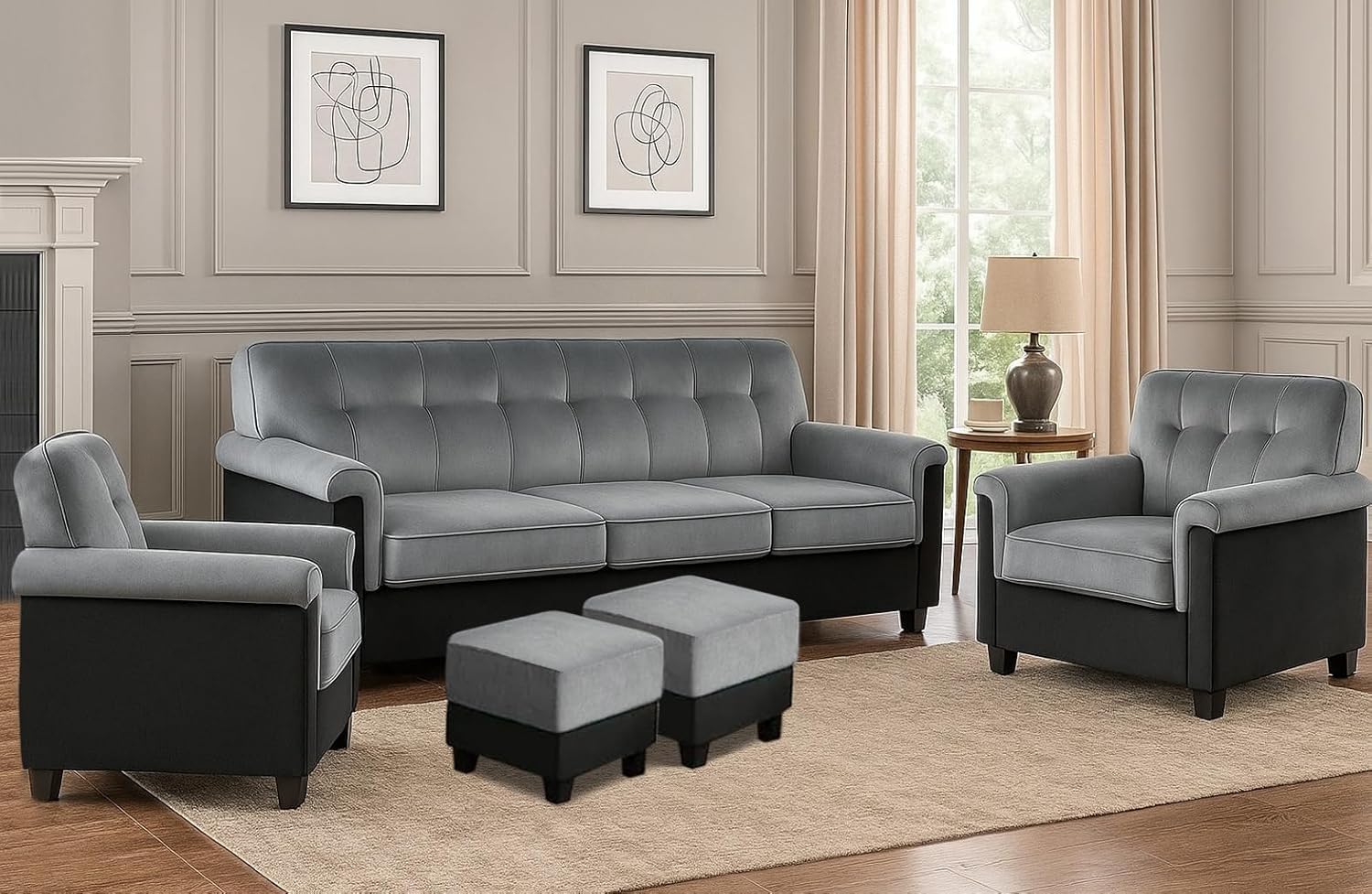 FURNY Woodswave 5 Seater 3+1+1+2 Puffy Sofa Set for Living Room in Premium Velvet Finish (Light Grey-Black) | Durable & Comfortable | Ideal for Living Room FURNY Woodswave 5 Seater 3+1+1+2 Puffy Sofa Set for Living Room in Premium Velvet Finish (Light Grey-Black) | Durable & Comfortable | Ideal for Living Room