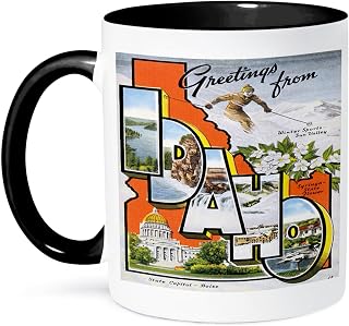 3dRose mug_169565_4 Greetings from Idaho Sun Valley Boise with Scenes from the State - Two Tone Black Mug, 11oz