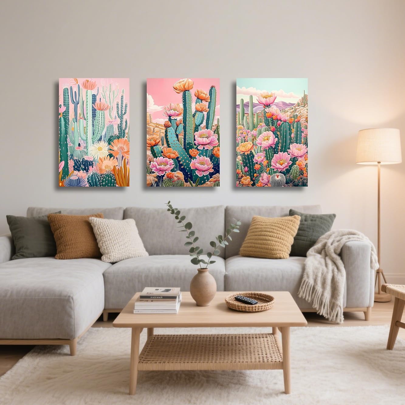 ZSHARTSWD Mexican Cactus Wall Art 3 Piece Boho Cactus Desert Picture Floral Botanical Canvas Print Southwestern Painting for Living Room Bathroom Decor Framed (Pink, 12.00" x 16.00" x 3PCS)