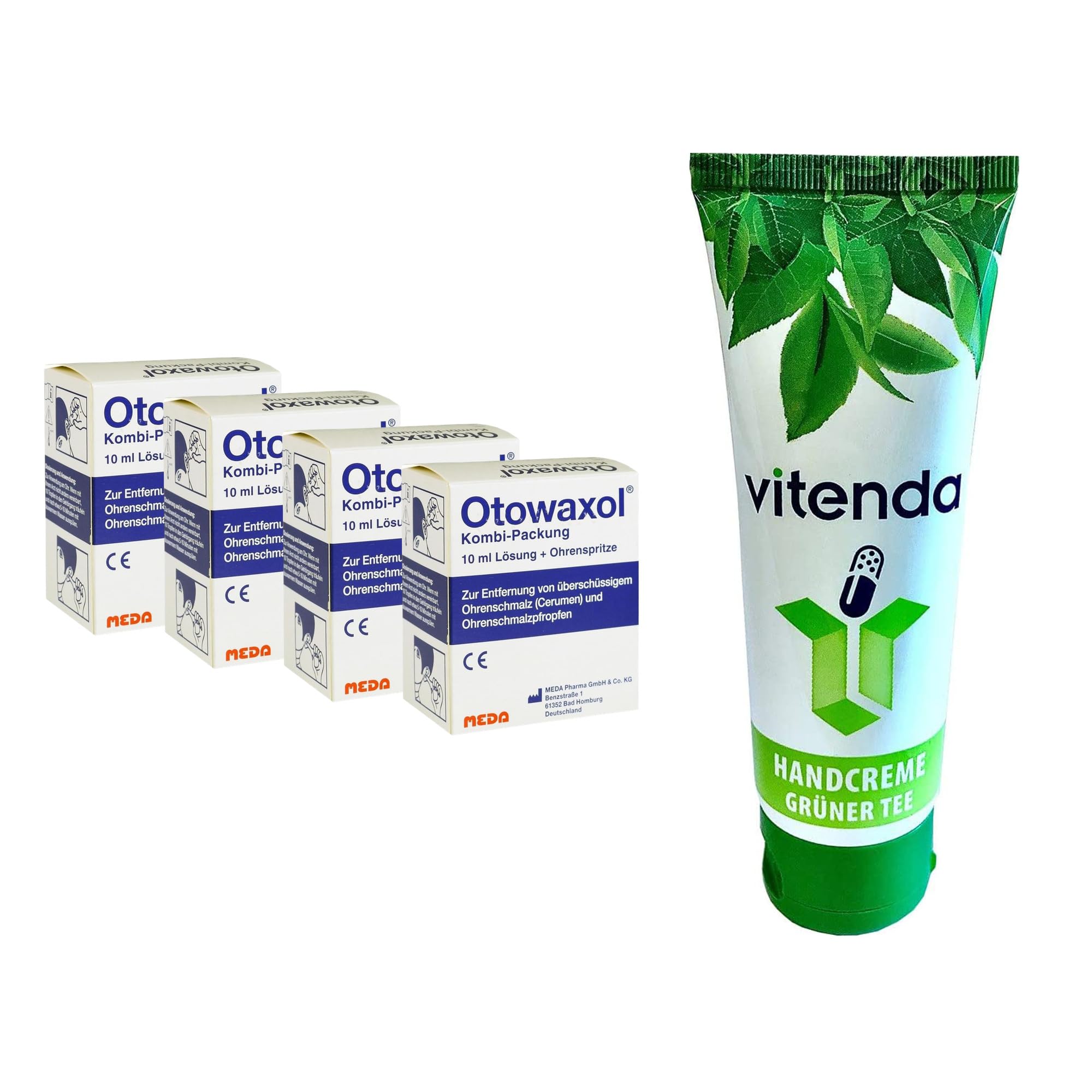 Set: Ohrenreinigung Lösung mit Otowaxol zur sanften Entfernung von Ohrenschmalz, inkl. Ohrenspritze, 4x10ml – inkl. vitenda Handcreme