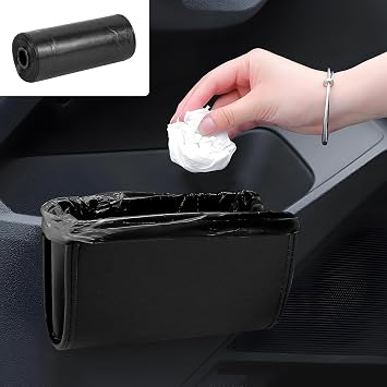 Hovom Car Trash Can, Leather Waterproof Automotive Garbage Can with Trash Bag, Hanging Mini Vehicle Trash Bin, Small Auto Door Organizer Storage Pouch, Universal Car Accessories Black
