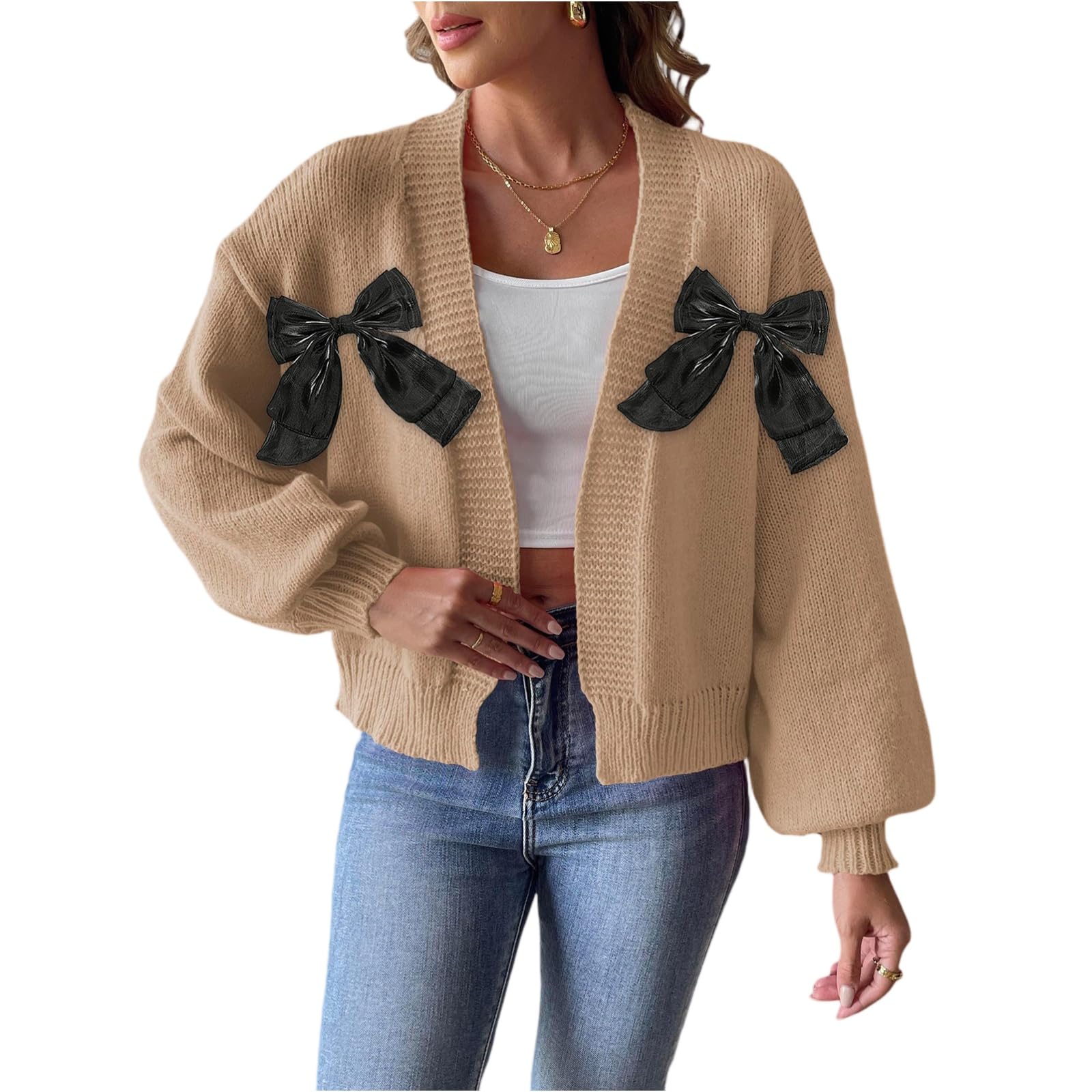 Strickjacke Damen Mit Schleife Übergangsjacke Kurz Jacke Puffärmel | Strickjacken Elegant Cardigan Open Front Kurzjacke Übergang Strickmantel Langarm Jacket Frauen Modern Übergangsmantel