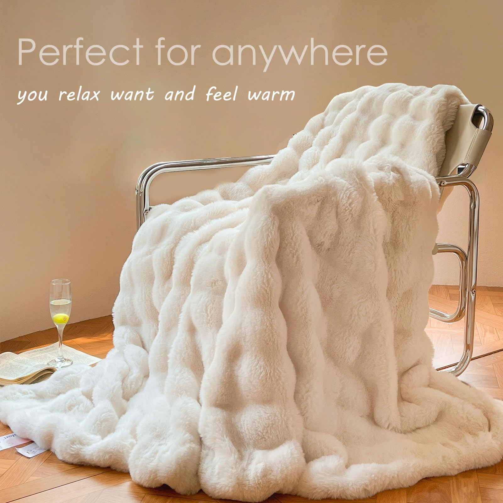 Kuscheldecke Flauschig Kaninchen Plüsch Decke Kunstfell Warme Überwurfdecke Sofadecke Vielseitig Blanket für Couch Bett Sofa (Weiß, 130 * 160cm)