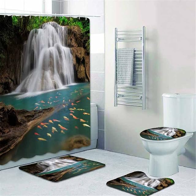 Fgolphd Shower Curtain Waterfall Landscape Format 180 x 200 cm 180 x 180 cm Beach Colourful Bathroom Rug 4-Piece Set Shower Curtains Waterproof (8.120 x 200 cm)