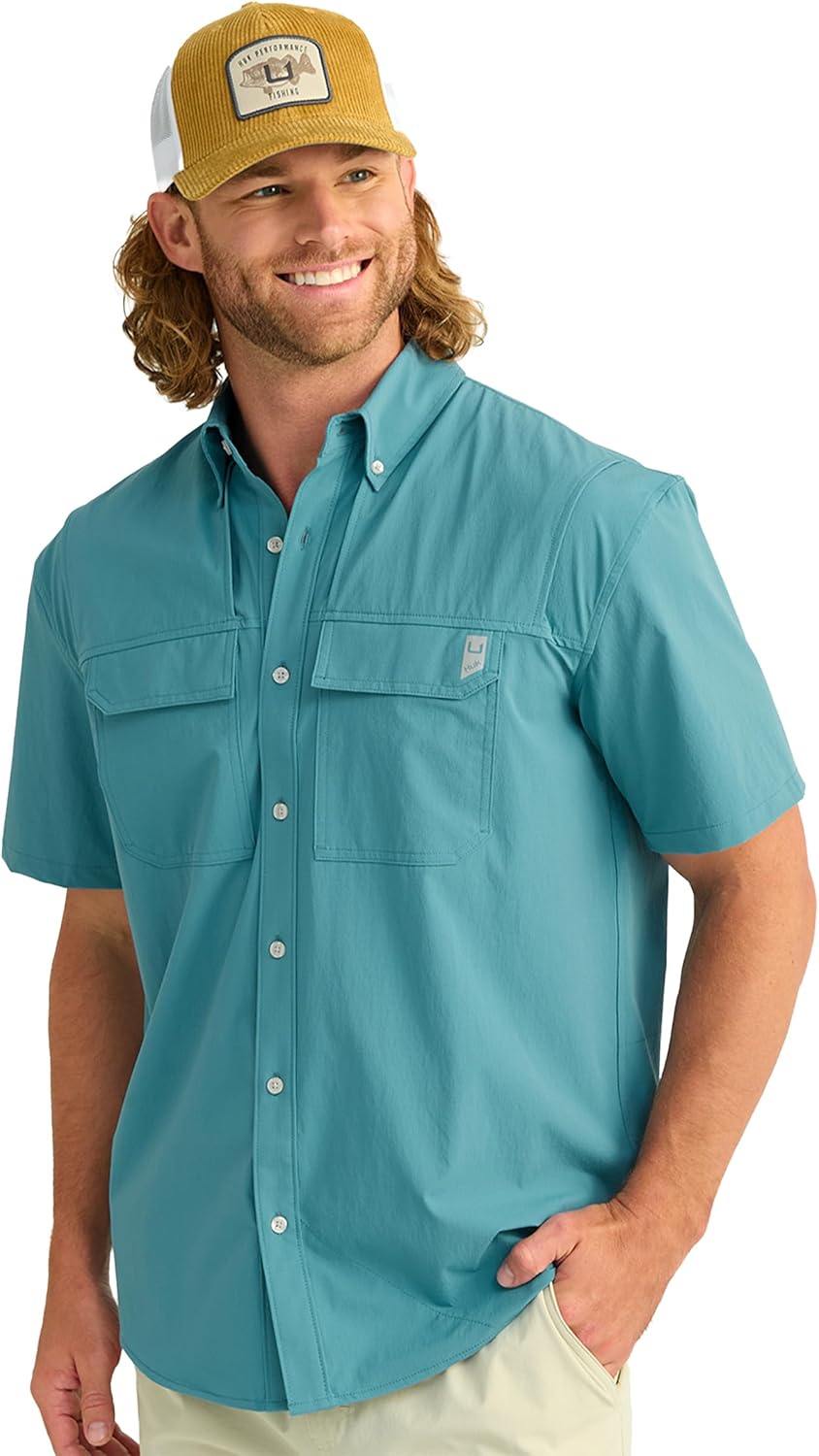 HUK Men's Creekbed Solid Short Sleeve Button Down Shirt, Vented Fishing Shirt for Men