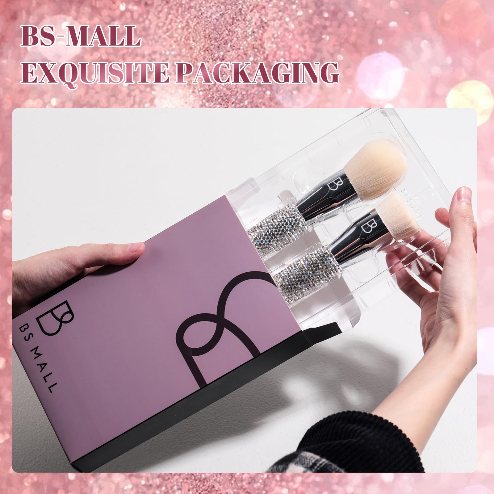 BS-MALL Brochas de maquillaje de lujo hechas a mano con diamantes para rubor, base sintética de primera calidad, cerdas sintéticas suaves, paquete de 2