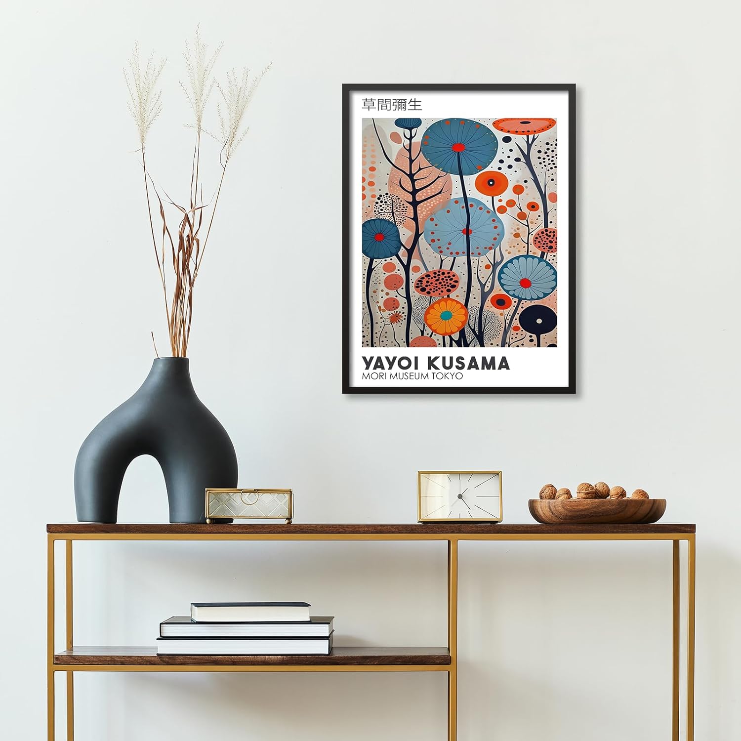 Yayoi.Kusama Canvas Wall Art Tokyo Print Ready to hang 12x16in Wrapped Black Framed Vintage Japanese Painting Modern Ukiyo-e Decor Artwork Abstract Floral Aesthetic Poster for Bedroom Office