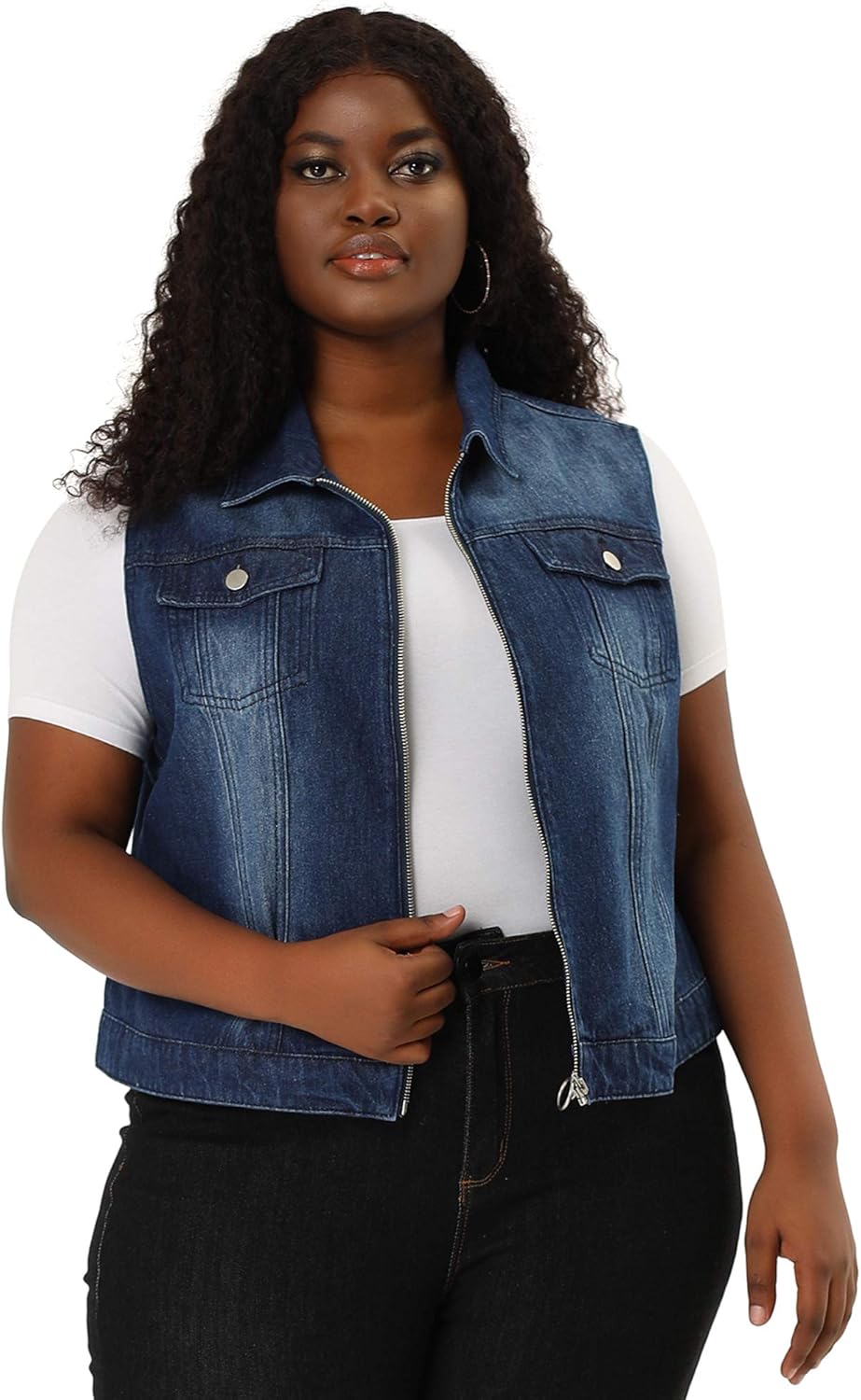 Agnes Orinda Plus Size Denim Vest for Women Sleeveless Zip Up Button Down Waistcoat Jeans Jackets Vests - Image 3