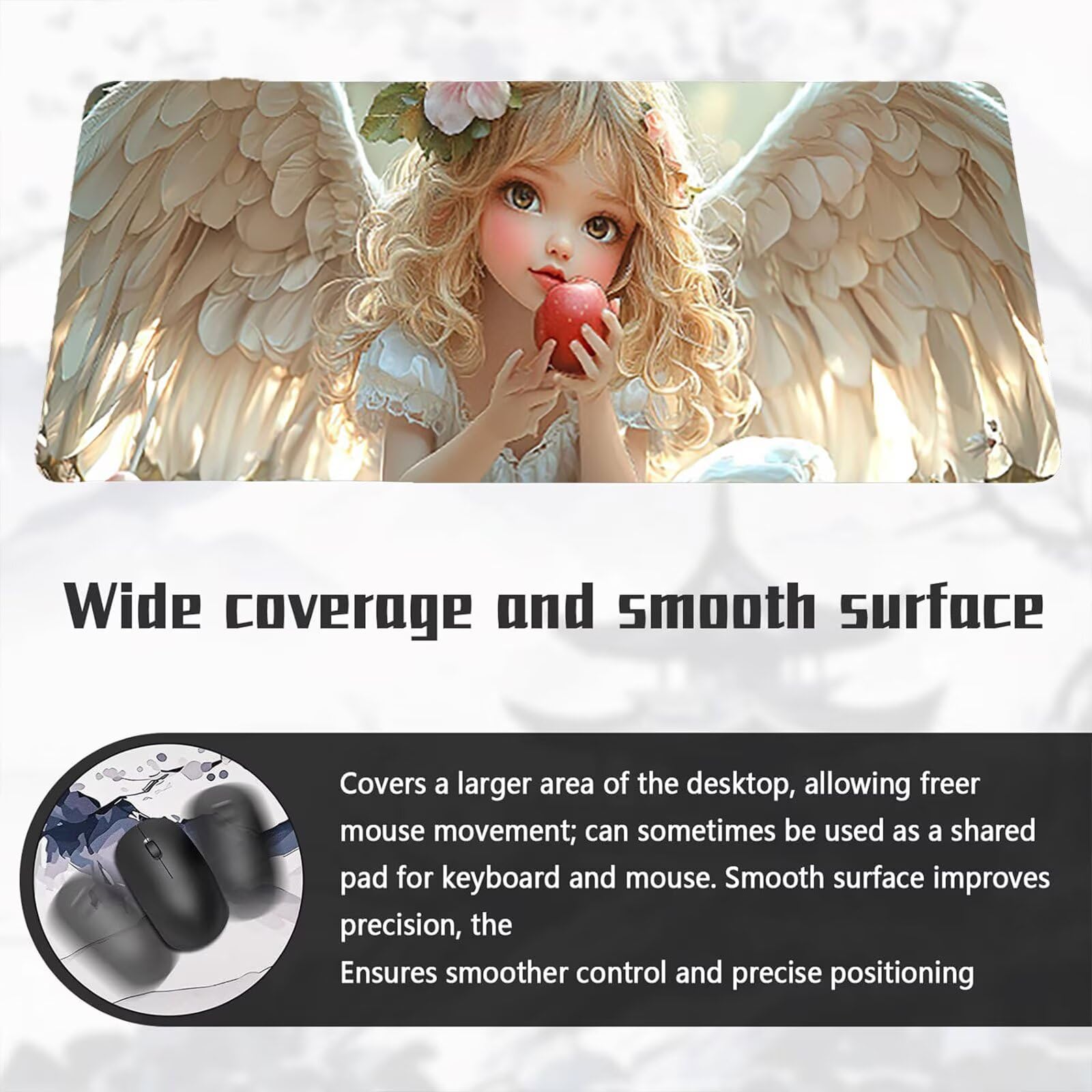 Alfombrilla Ratón Gaming XXL, 60x120cmx3mm, Impermeabile Mousepad, Base Antideslizante de Caucho, Mouse Pad Ordenador, Bordes Cosidos, Escritorio Pad, Oficina Regalos Hombre, Angel Apple D7YY-1163