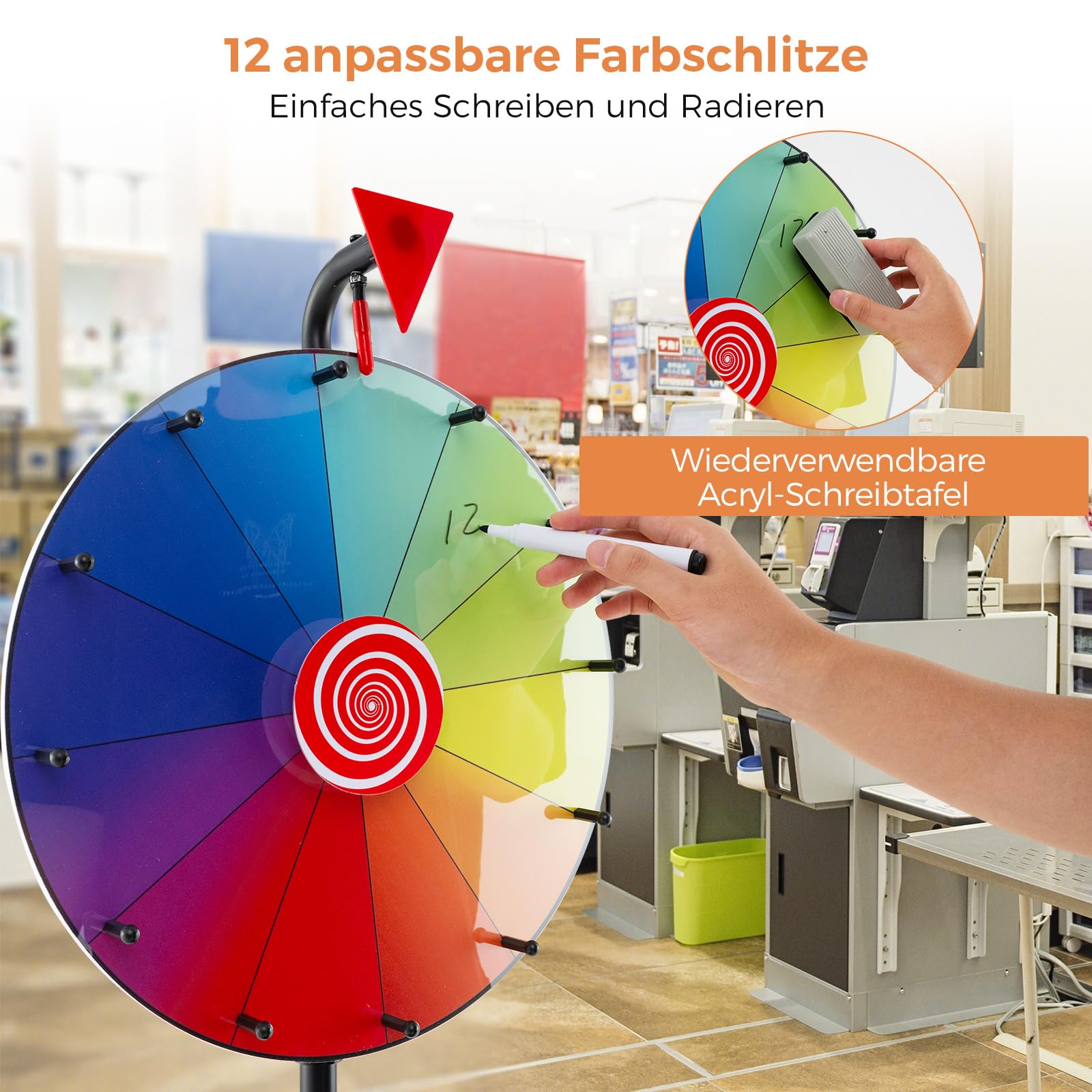 GOPLUS 40 cm Glücksrad, höhenverstellbarer Glücksrad-Dreher mit Falt-Stativ, Trockenlöschmarker & Radiergummi, farbiges Rouletterad mit 12 Schlitzen für Karneval, Messe & Partyspiele