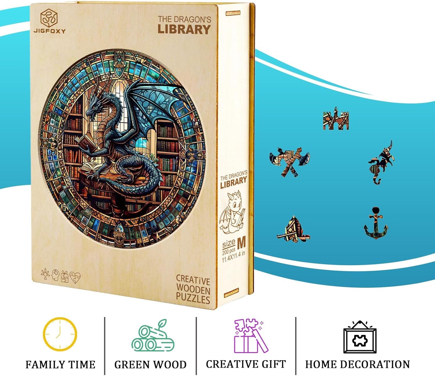 Jigfoxy Wooden Puzzles for Adults, Dragon's Library Wood Puzzles Adult, Unique Animal-Shaped Wooden Jigsaw Puzzles, Christmas Thanksgiving Gifts for Family and Friends (L-13.4 * 13.1in-300pcs)