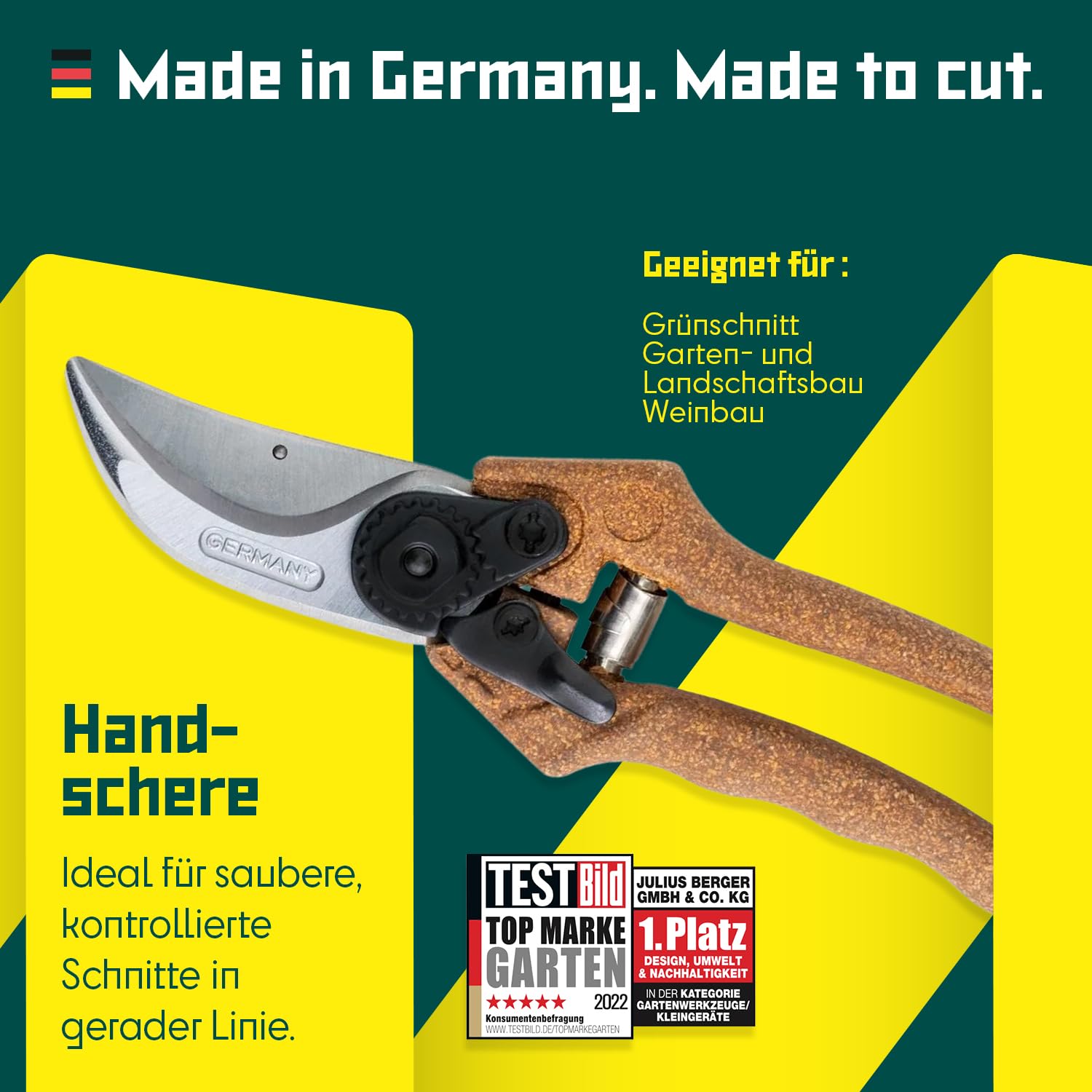BERGER Handschere Bypass Klassik C1200 | Klassische Gartenschere mit geradem Schneidkopf & Korkgriff | Robuste Profi Blumenschere aus Metall mit Einhandverschluss | KWF-zertifiziert | Made in Germany