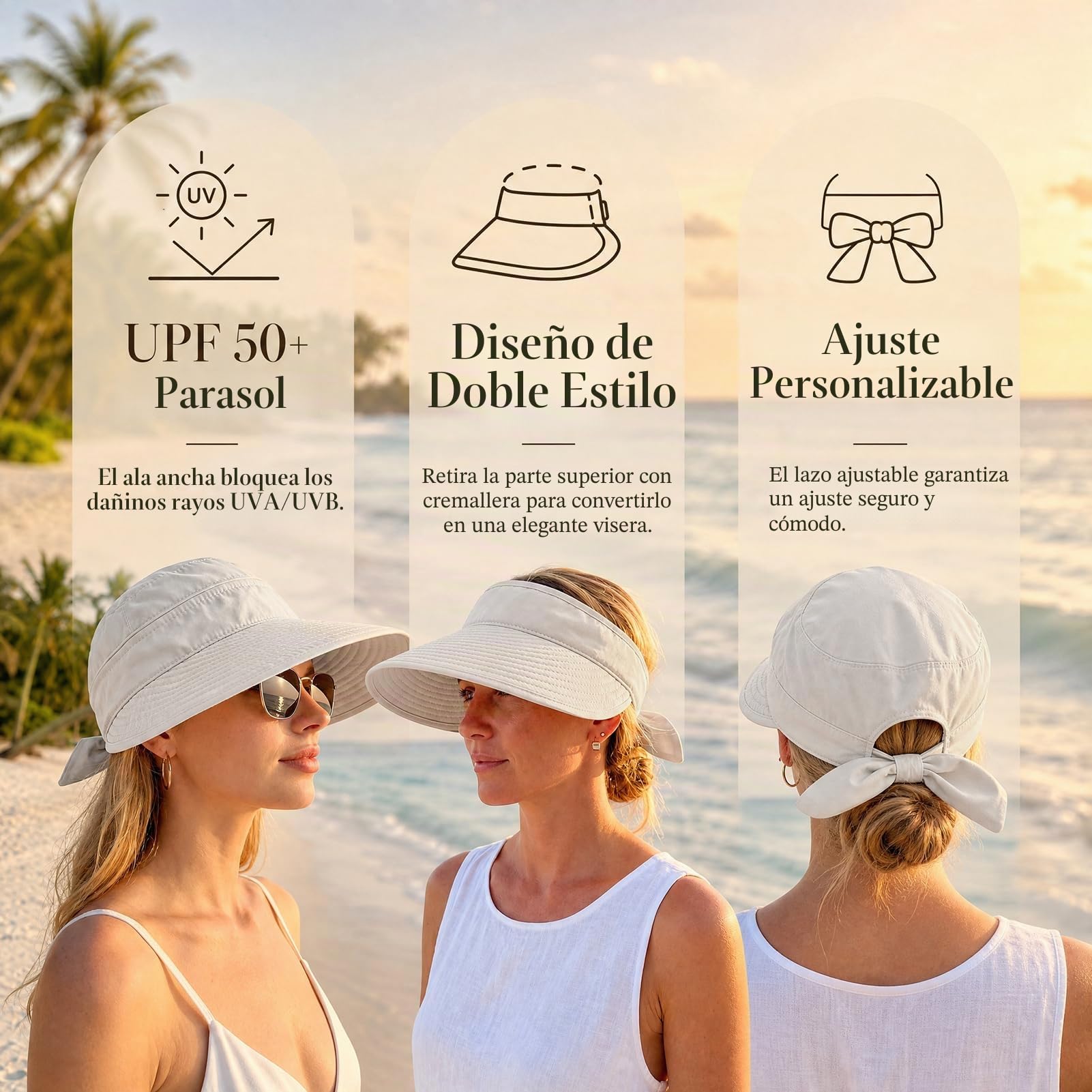 KXF Sombrero de sol para mujer con protección UV, visera plegable de ala ancha con parte superior desmontable, sombreros de sol sin topless para verano, playa, senderismo, ajuste ajustable