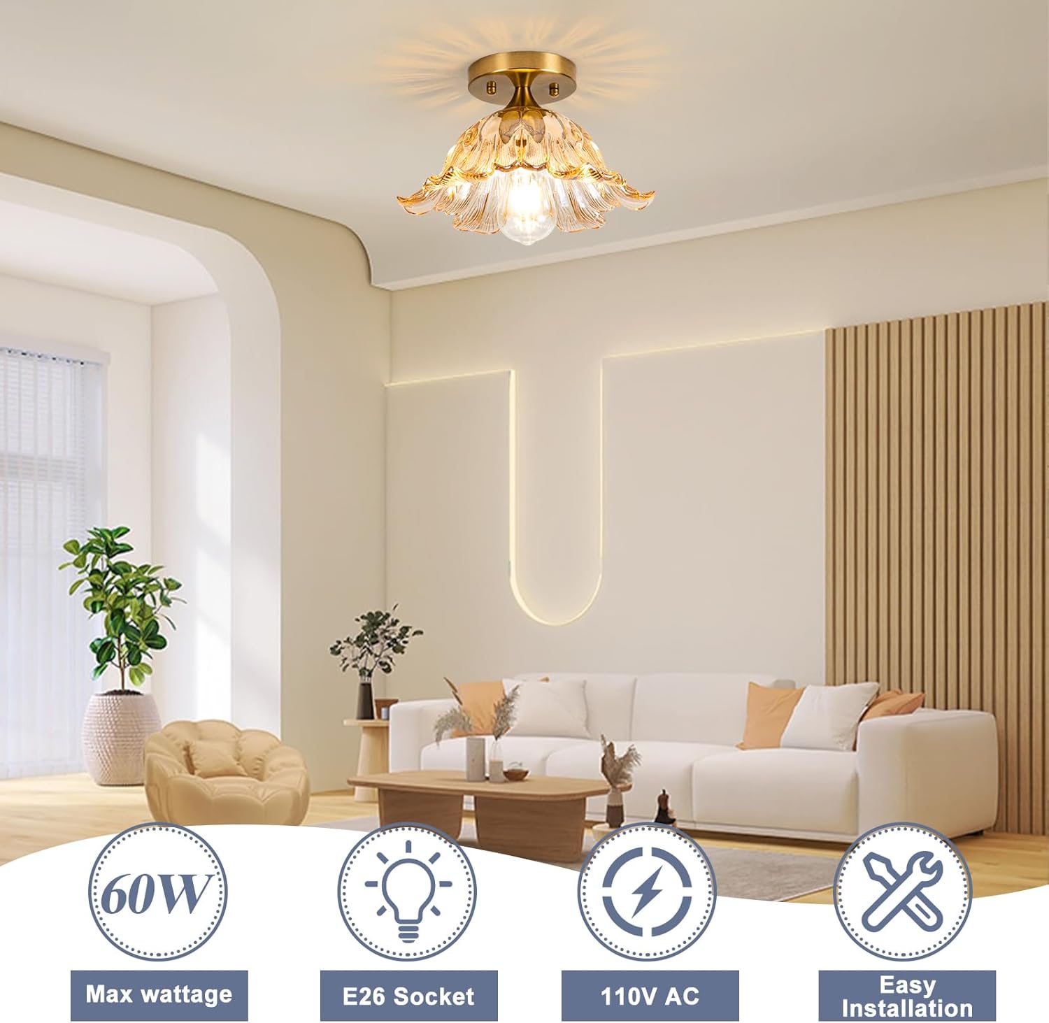 Semi Flush Mount Ceiling Light,Vintage Lights Fixture Ceiling Amber Shade Glass， E26 Ceiling Light Fixtures for Closet Kitchen Bedroom, Bulb Included