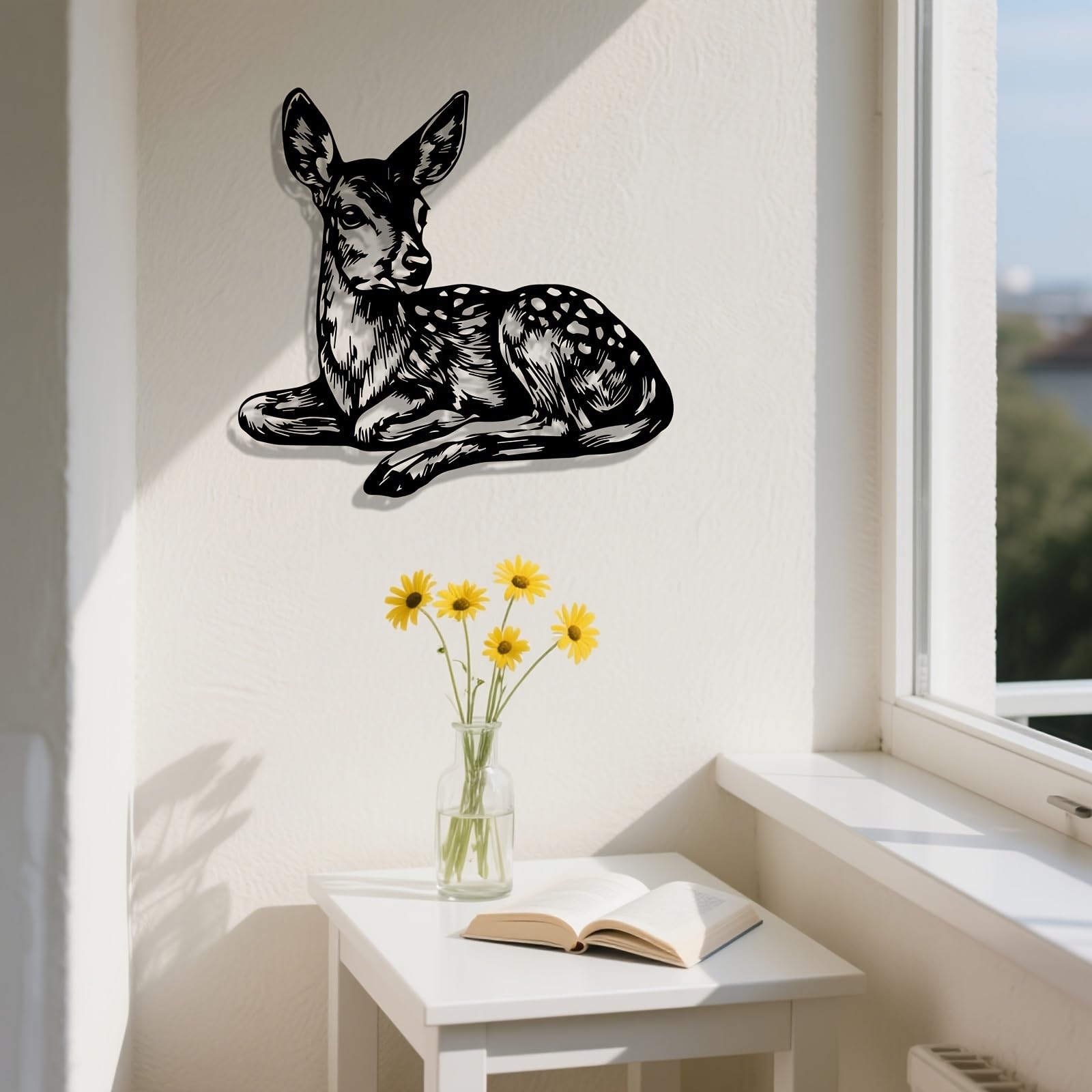 Decoración de pared abstracta contemporánea de metal con arte de ciervos, valla de jardín de hierro inoxidable, mural de animales estilo caricatura, decoración navideña y para exteriores, para co