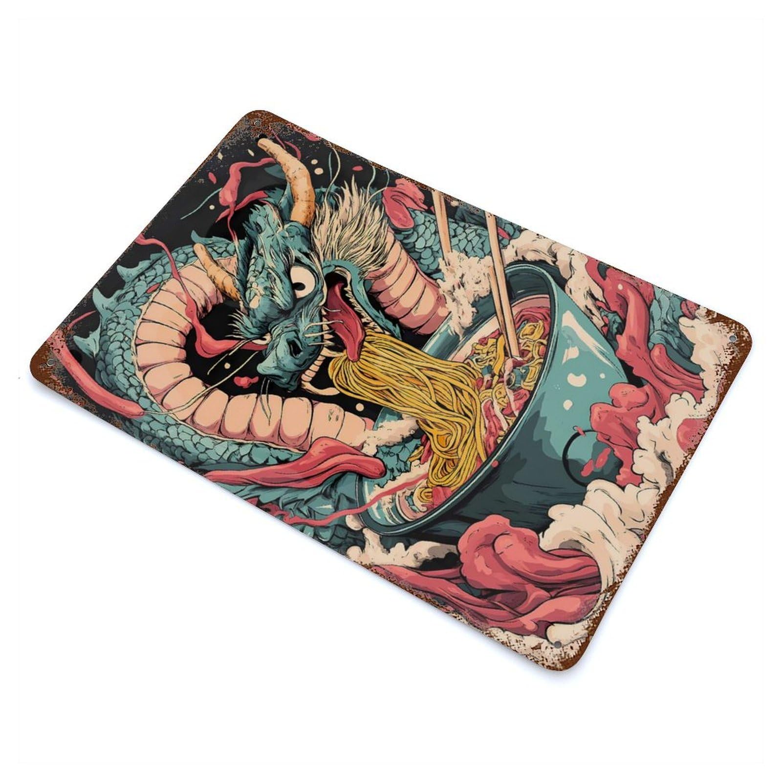Dragon Eats Ramen Japan Noodle Aged Metal Wall Plaque 11.8"x7.9", for Living Room, Hallway And Home Decor, Shabby Chic Decor