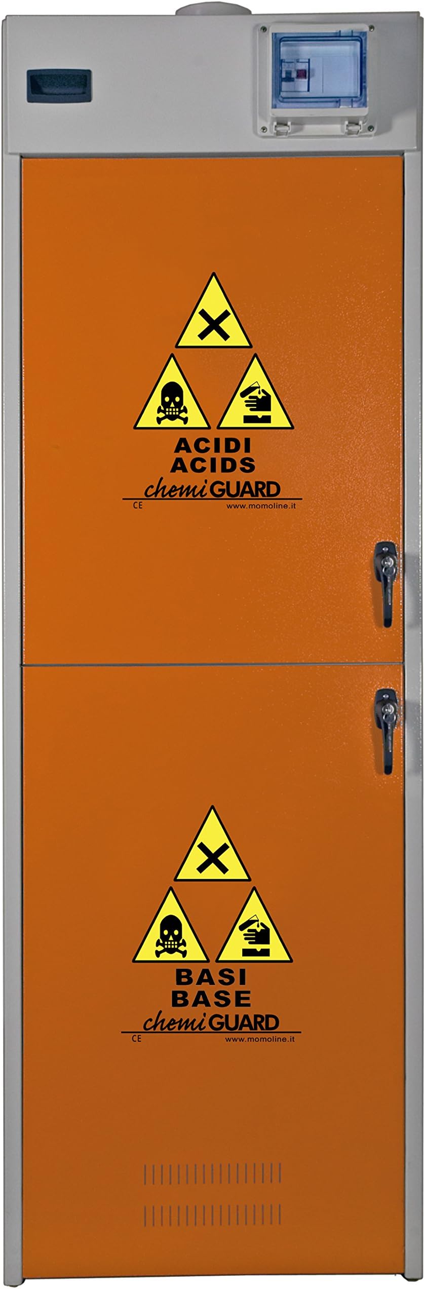 Momoline CMG-60-A+B-PLUS Chemiguard Plus Safety Cabinet for Chemicals, Double Compartment, Includes Fans, Filter Boxes, Dust Filter, Activated Carbon Filter, Orange