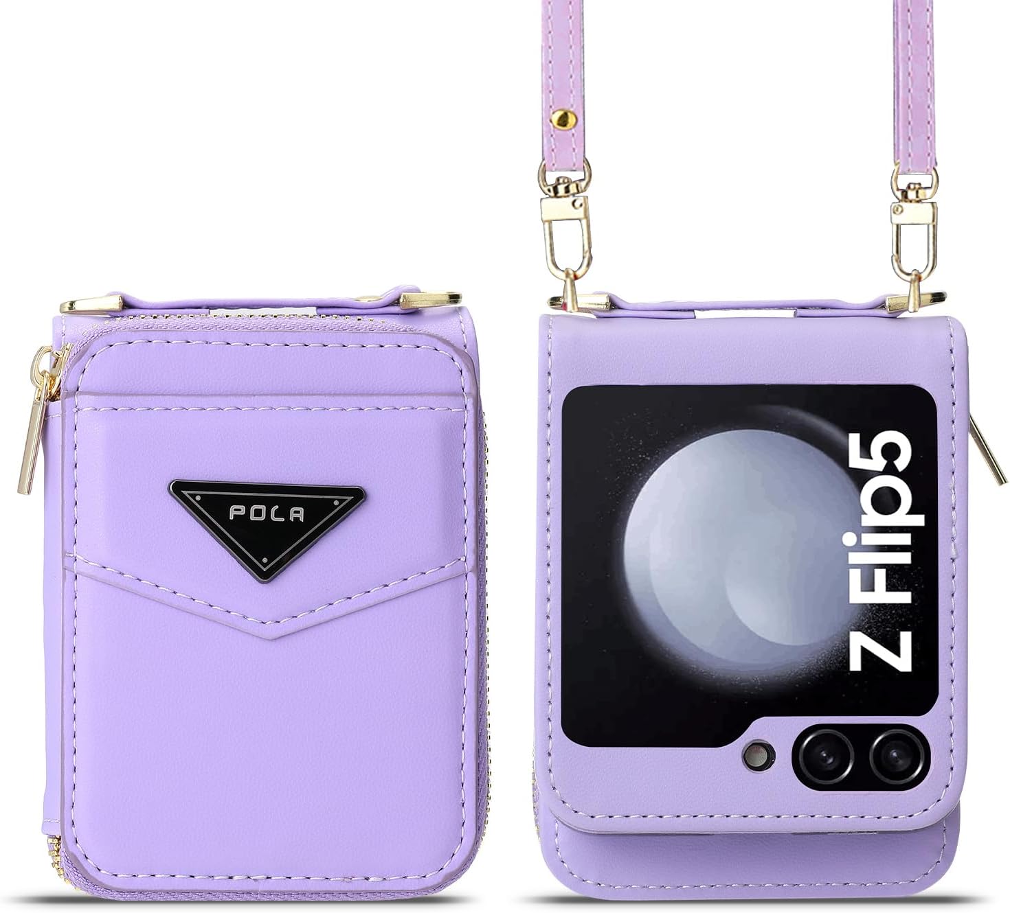 Women Wallet Purse for Samsung Galaxy Z Flip 5 5G Case Crossbody with Credit Card Holder Strap Lanyard Flip5 Leather Zipper (Purple,Z Flip 5)