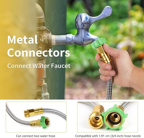 Miniatura 4 de Manguera de jardín expandible de 34 de 50 pies, manguera de agua de metal plateado con boquilla de manguera de bala de cobre, manguera de acero
