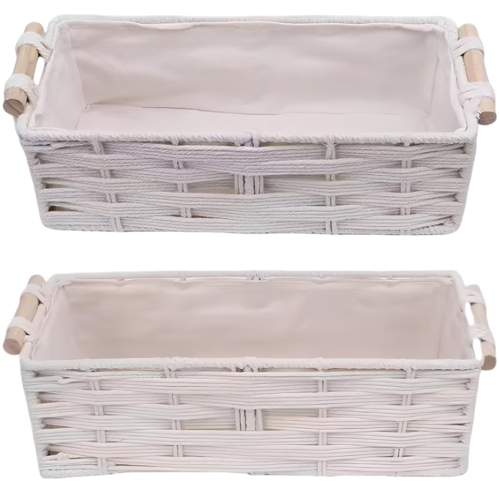 Canastas tejidas de 2 piezas, cestas decorativas bohemias de cuerda de algodón con asas de madera, almacenamiento de papel higiénico, grande de 13.4 x 6.3 pulgadas, pequeña 11.8 x 5.5 pulgadas