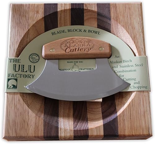 Miniatura 2 de Alaska Ulu Juego de cuchillos curvos con mango de madera y tabla de cortar Mezzaluna Hecho en Alaska USA Ulu Factory