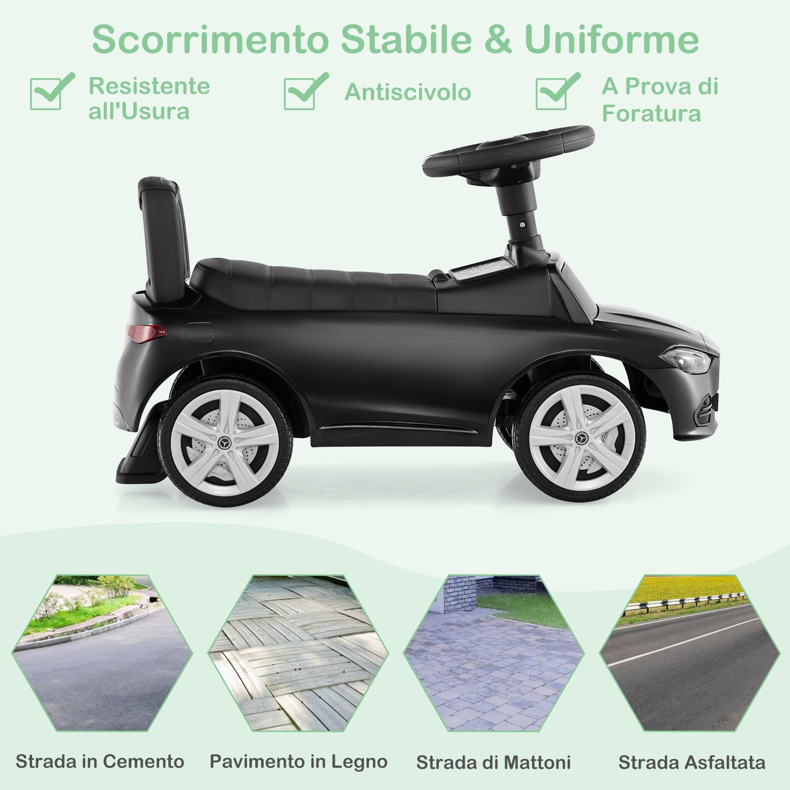 COSTWAY Mercedes Benz Macchinina Cavalcabile a Spinta per Bambini, Auto da Gioco con Volante Clacson e Suono, Spazio di Archiviazione, Auto a Spinta per bambini 1-3 Anni (Nero)