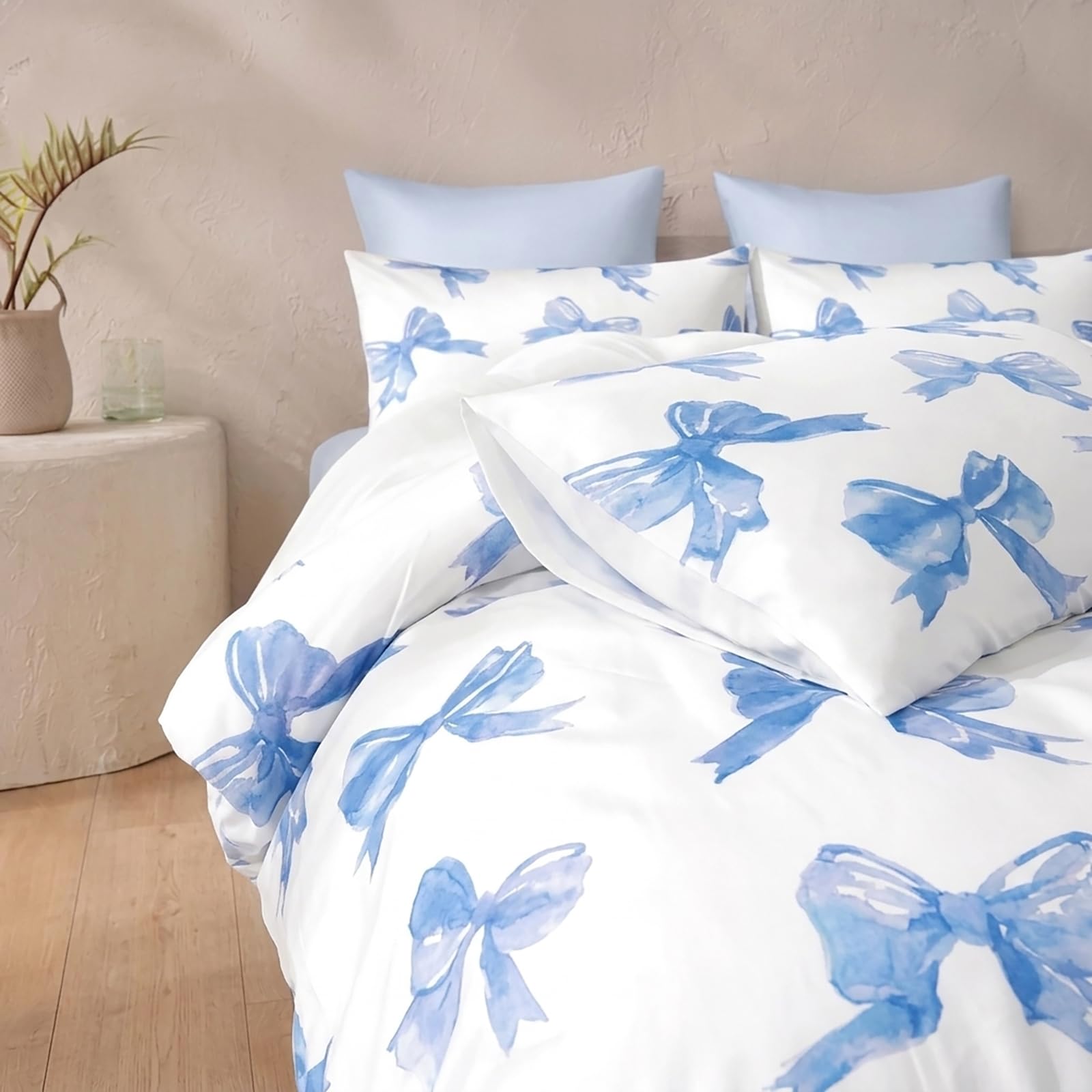 Herside Blue Bow Duvet Cover Set Cute Blue Bowknot Bedding Cover Single Size Girls Bedroom Decor Quilt Cover Bow Tie Printed Soft Microfibre Bedding Sets with Zipper Closure — image 1