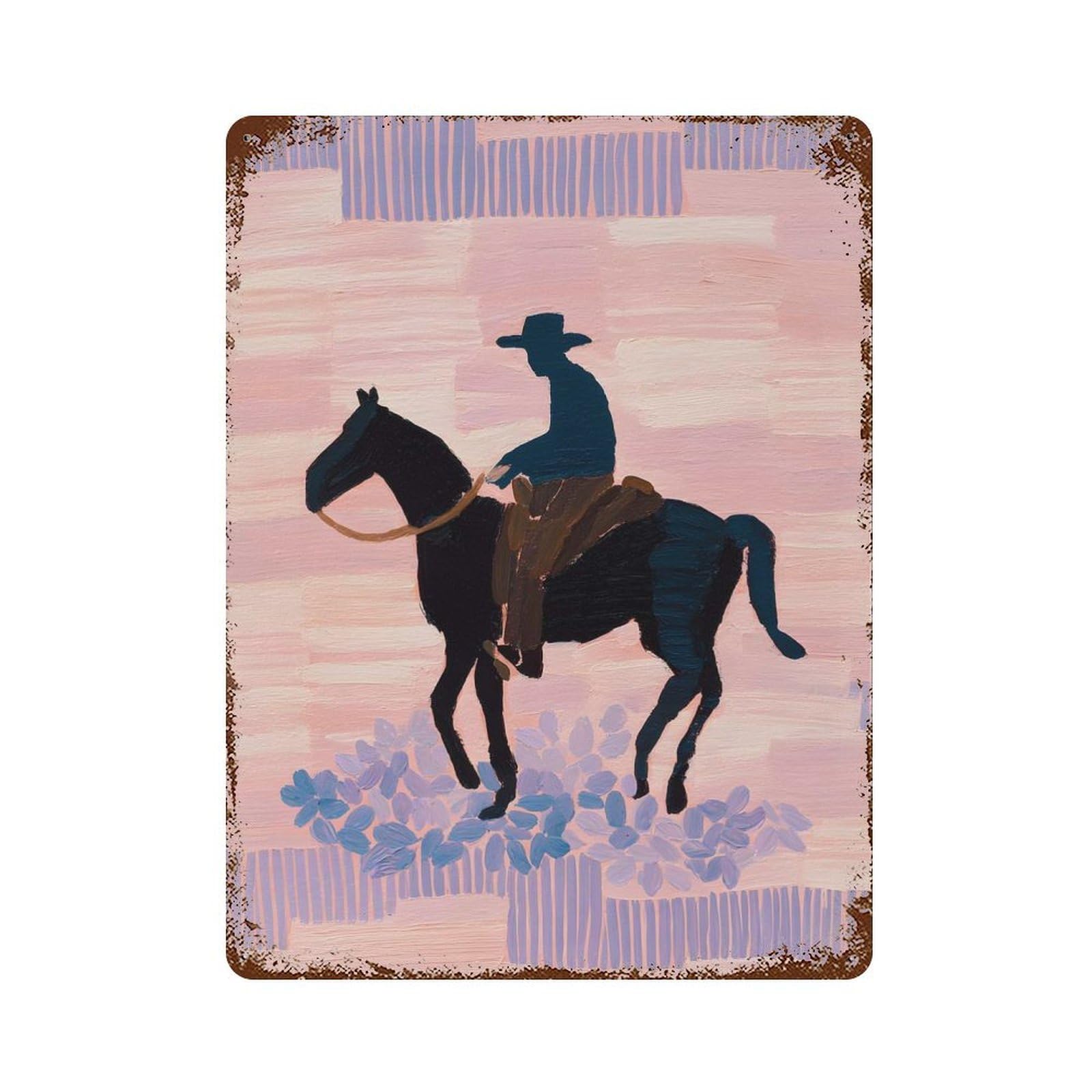 Garage Style Boho Cowboy on Horse Painting Distressed Metal Wall Sign 15.7"x11.8", Farmhouse Wall Decor for Bar And Workshop