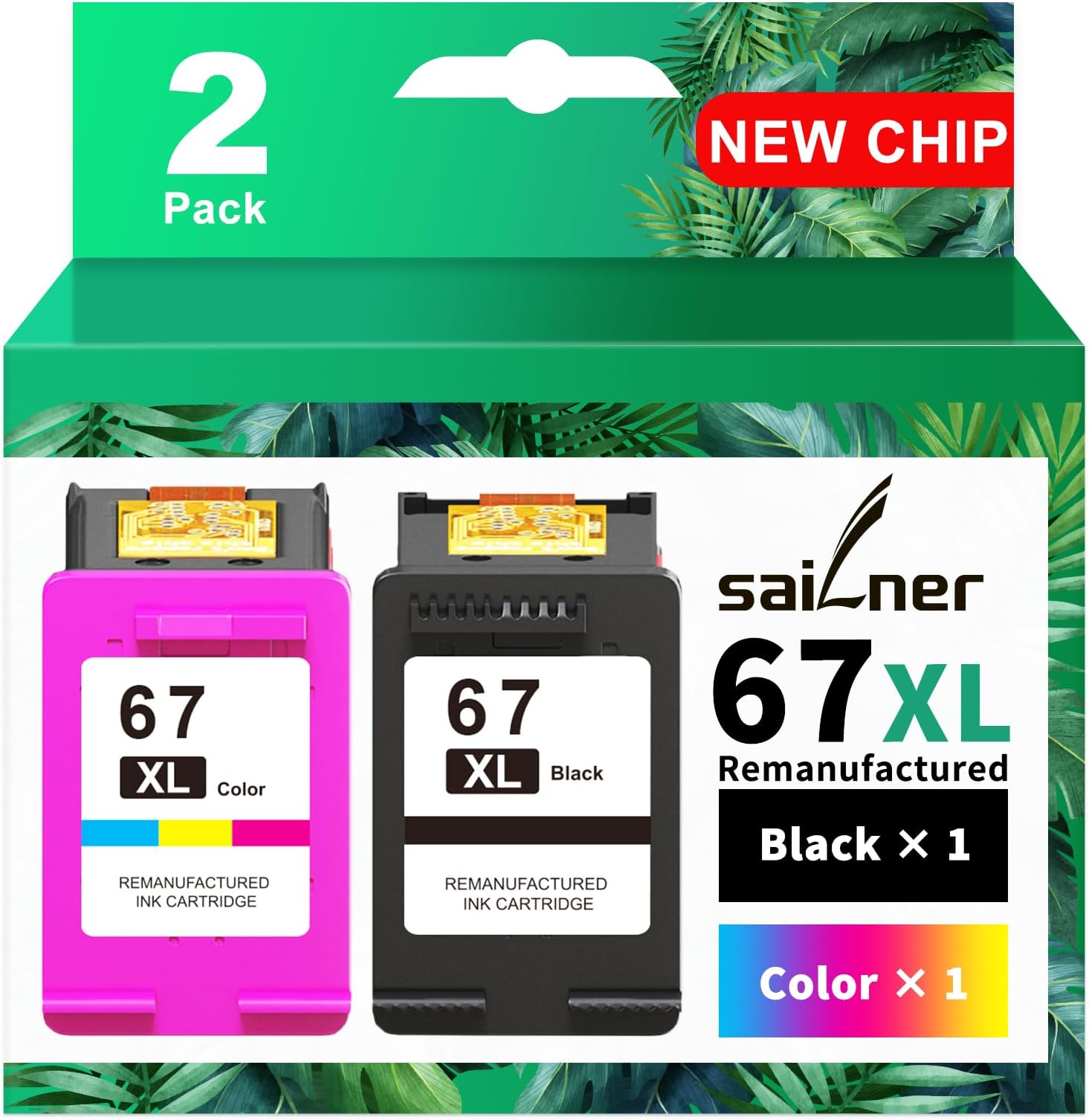 SAILNER Remanufactured Ink Cartridge Replacement for HP 67XL 67XXL 67 XXL Envy 6055 6020e 6075 6030e Envy Pro 6455 6452 DeskJet 2755 2752 2742 DeskJet Plus 4155 4152 4132 (Black Tri-Color, 2 Pack)