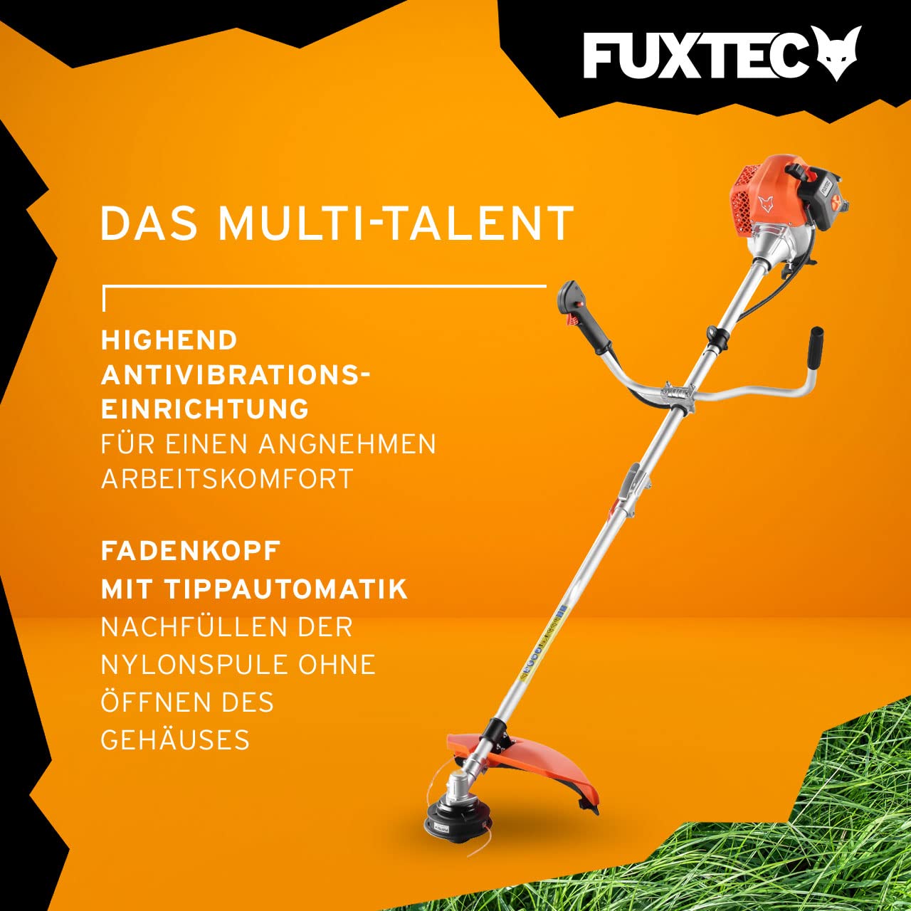 FUXTEC Benzin Motorsense – 2in1 Multitool Trimmer FX-MS162 mit 62cc 3,5PS Leistung, 2-Takt - Profi-Tragegurt Rasentrimmer, Freischneider fs Faden – Easy Starter