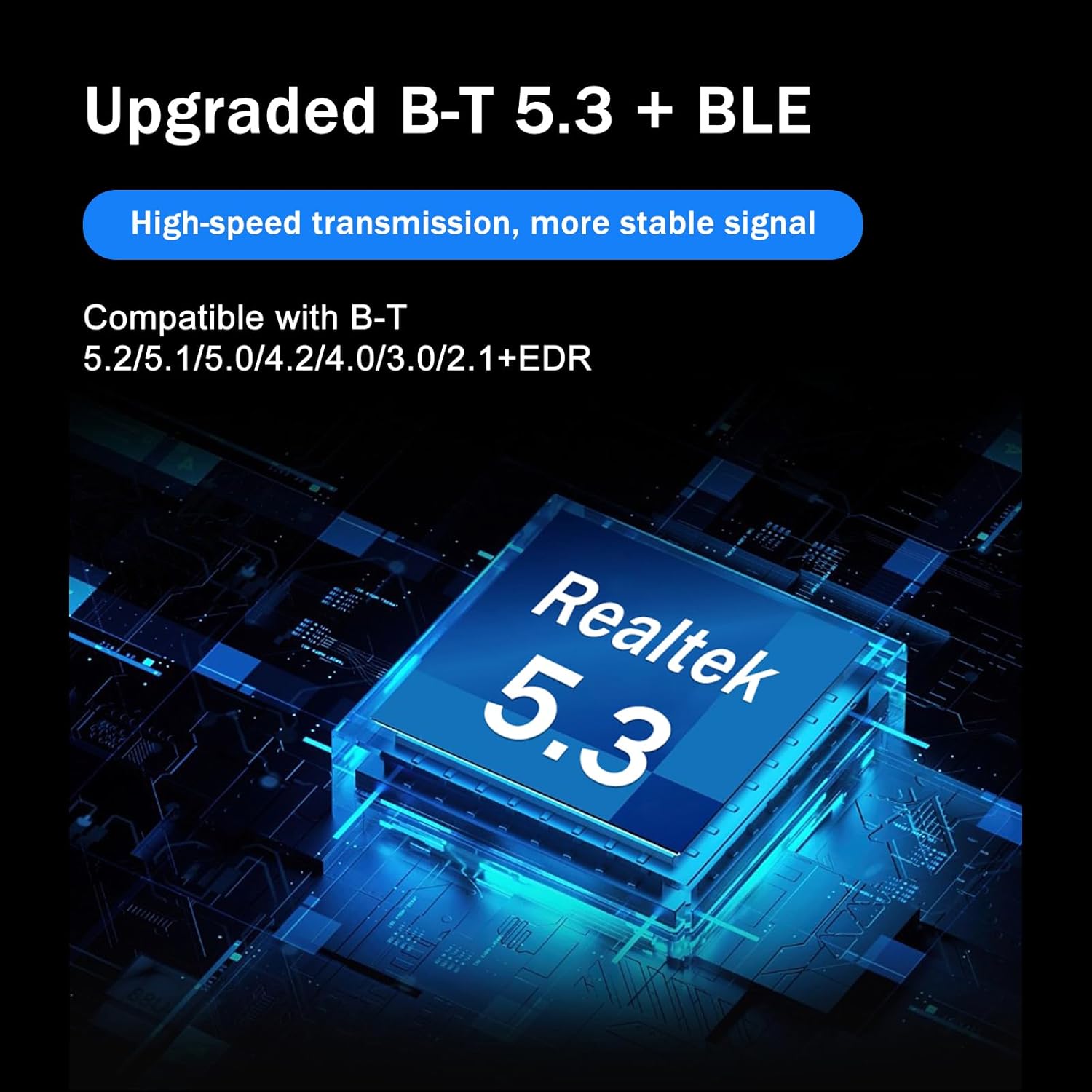 Graphic highlighting the upgraded Bluetooth 5.3 + BLE technology of the Techkey adapter, featuring a Realtek 5.3 chip, indicating high-speed transmission and stable signal, with backward compatibility.