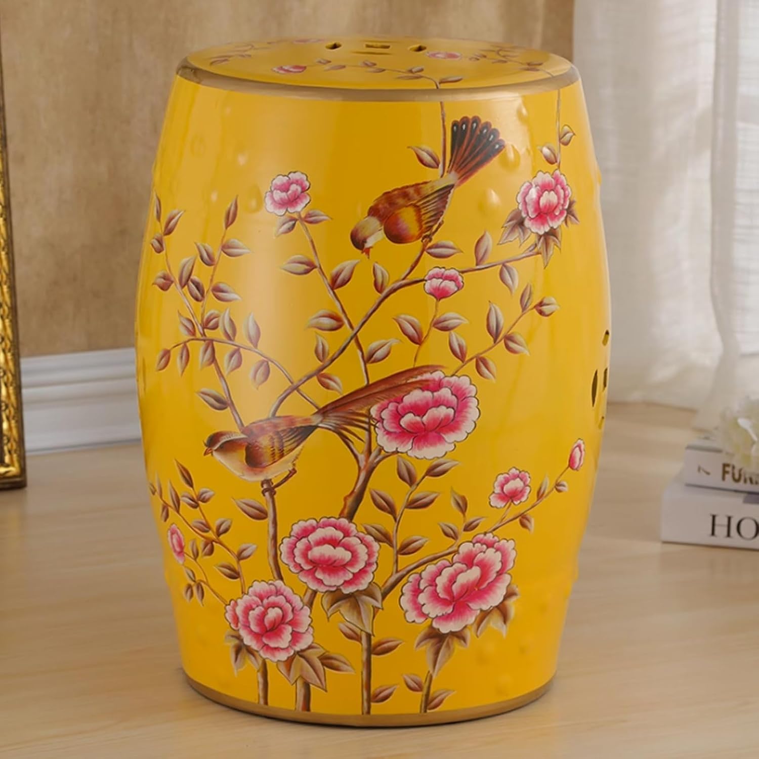 Decorative Garden Stool, Ceramic Drum Garden Stool, Garden Stool Glazed Hand-Painted, Country Style, Outdoor Garden Stool for Terrace, Patio(Gold C)