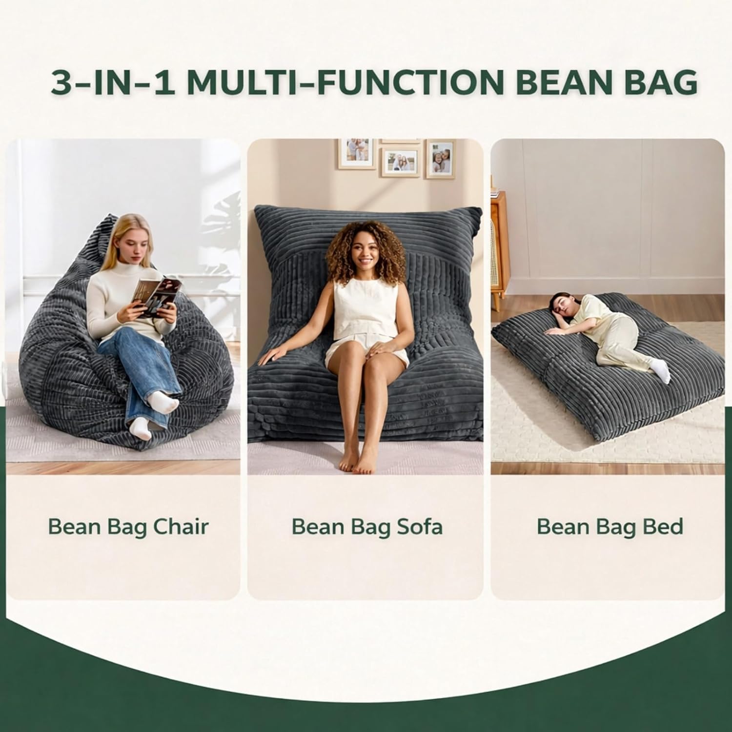 3 in 1 Giant Bean Bag Chair for Adults & Kids, Convertible Bean Bag Bed, Couch & Floor Cushion, Comfy Reading Lounge Sofa, Soft Corduroy Washable Cover for Bedroom, Living Room & Dorm, DarkGrey