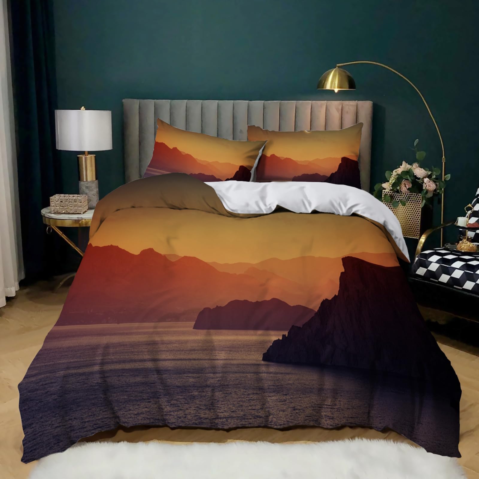 Copripiumino 200X200 Dusk Mountain Parure Copripiumino Matrimoniale Stampa Copripiumino Una Piazza E Mezza Ragazza,In Microfibra, Con 2 Federa(50X75Cm)