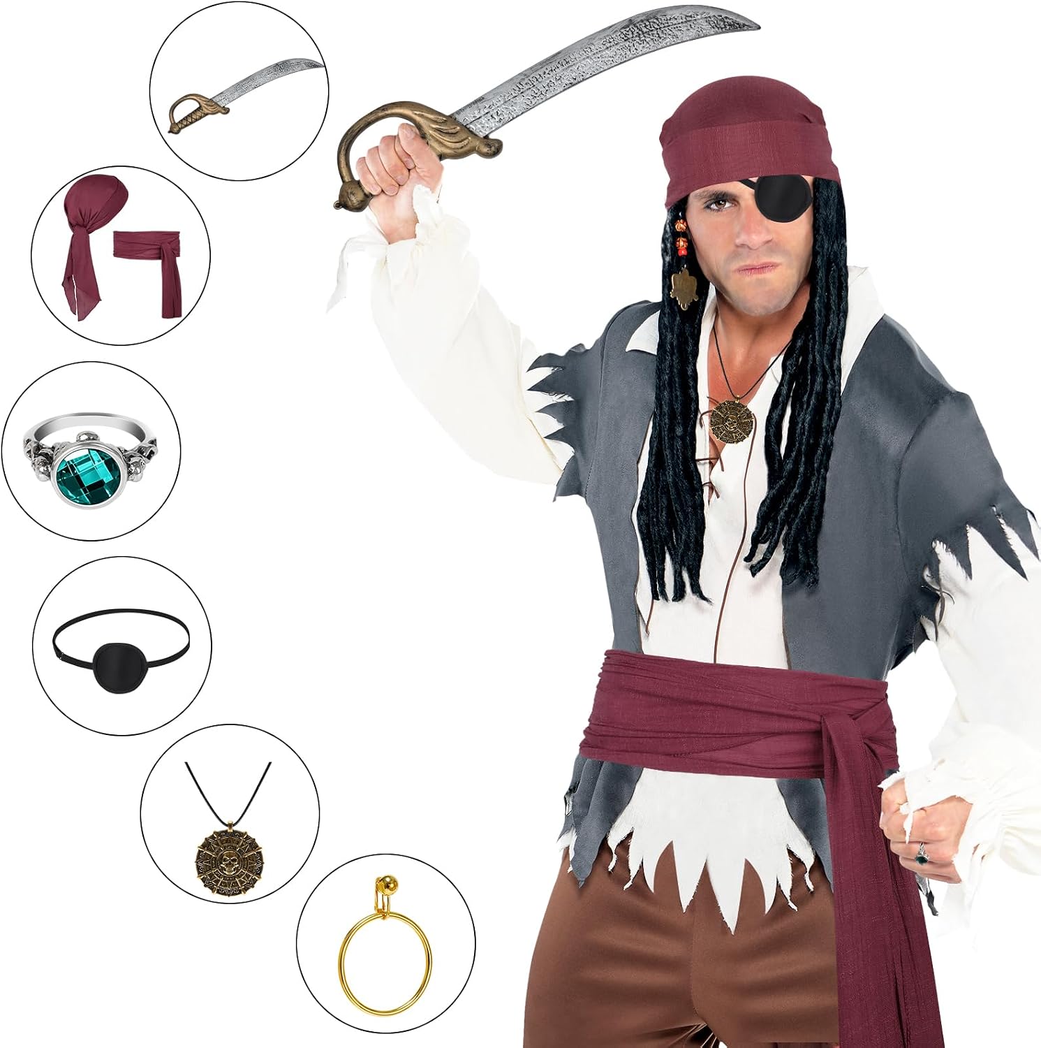 7 PCS Pirate Costume Accessories Women Men,Captain Pirate Accessories Set,Halloween Party Cosplay