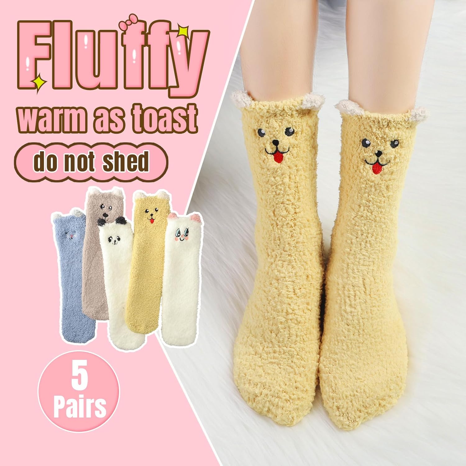 Caldodo Pluizige pantoffelsokken voor dames en meisjes, 5 paar thermische, gezellige donzige bedsokken met grijpers, dikke warme antislip voor dames winter fleece nieuwigheid dierensokken, Cartoon, 36 Caldodo Pluizige pantoffelsokken voor dames en meisjes, 5 paar thermische, gezellige donzige bedsokken met grijpers, dikke warme antislip voor dames winter fleece nieuwigheid dierensokken, Cartoon, 36