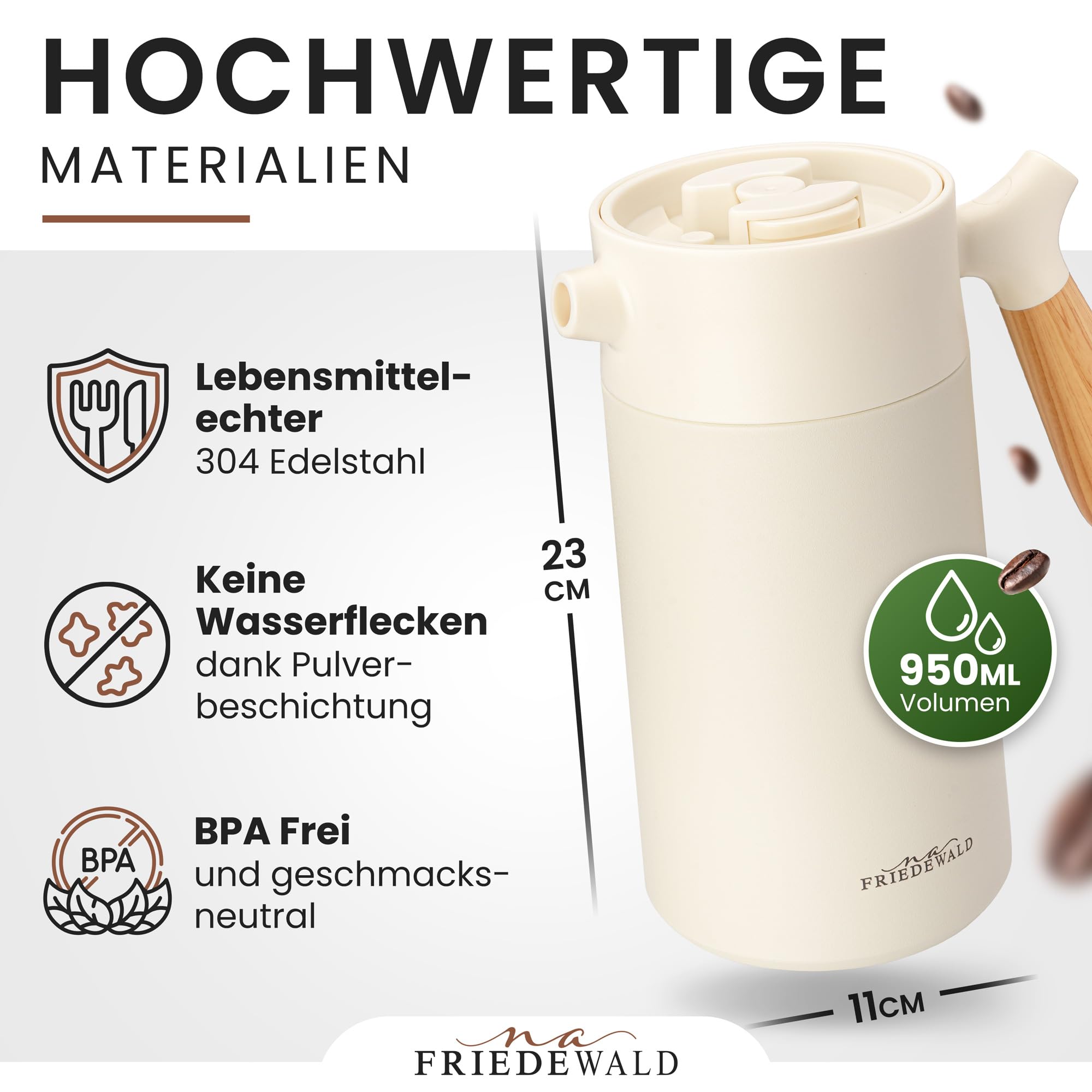 Friedewald® Thermo French Press - für Kaffee & Tee - 1L/8 Tassen - für Camping und Zuhause - doppelwandig isoliert - Französische Kaffeepresse - Österreichischer Edelstahl - 8h Thermo (Creme-Beige)