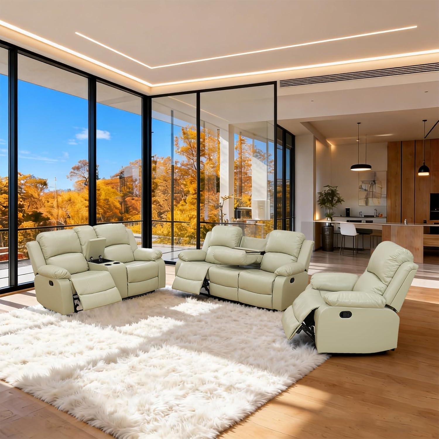 3-Piece Reclining Sectional Couch for Living Room, Manual Sectional Couch with Recliner, Storage Console with Cup Holders & Flip Table, Brown Leather Sofa Set for Family & Movie Nights