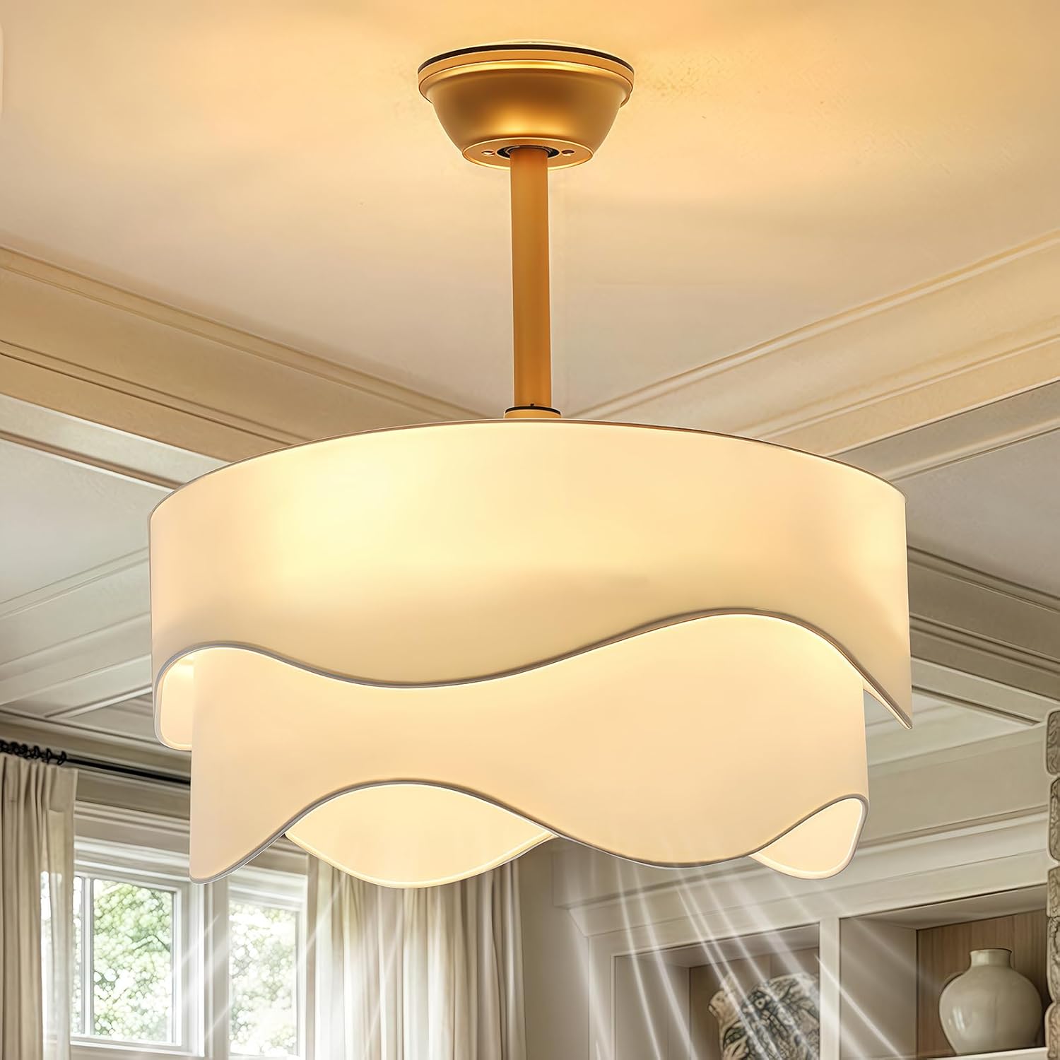 20" Boho Fandelier Ceiling Fan, Caged Ceiling Fan with Light, Gold Bladeless Chandelier Fan with Scalloped Drum Shade, Reversible DC Motor for Bedroom, Living Room, Nursery, Kitchen