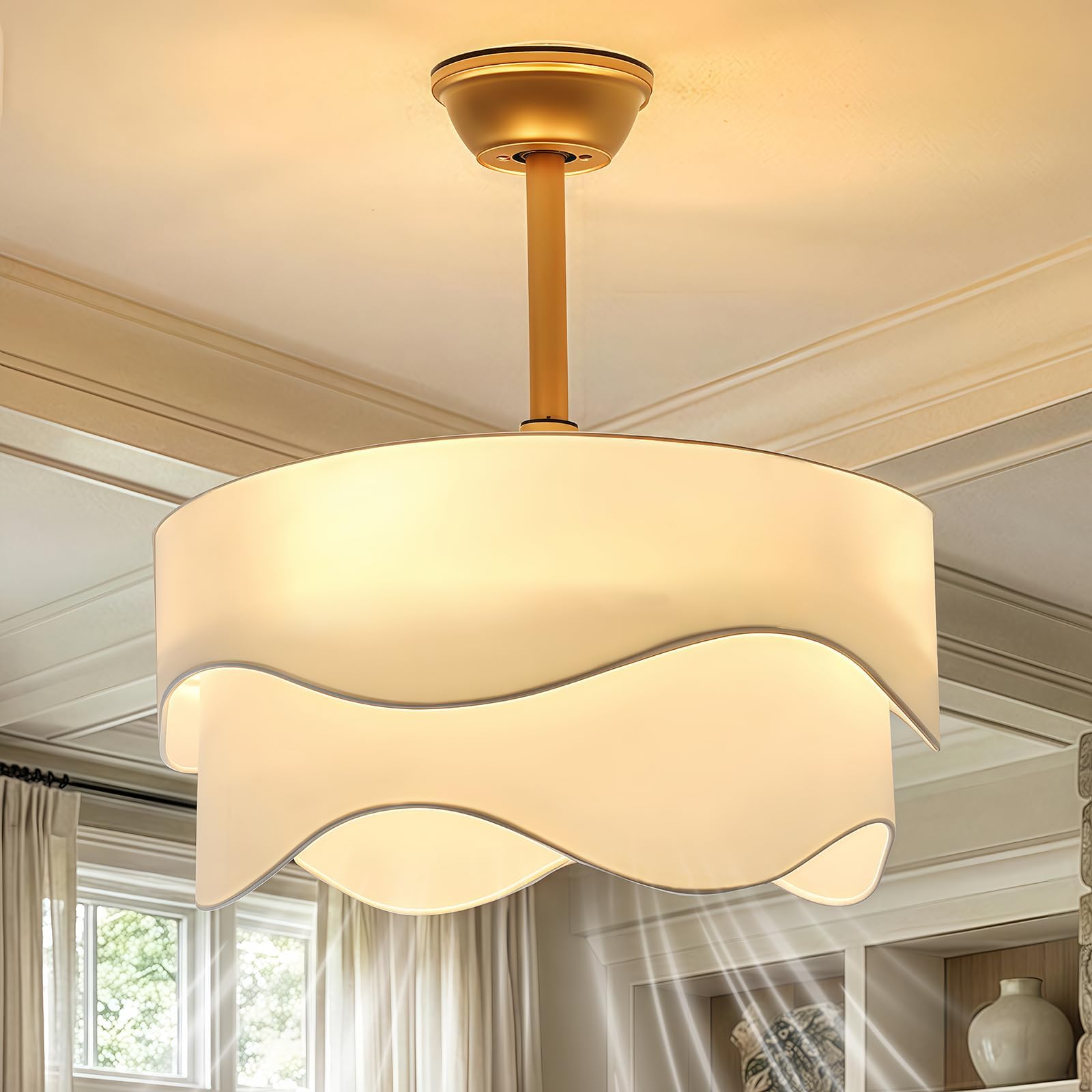 20" Boho Fandelier Ceiling Fan, Caged Ceiling Fan with Light, Gold Bladeless Chandelier Fan with Scalloped Drum Shade, Reversible DC Motor for Bedroom, Living Room, Nursery, Kitchen
