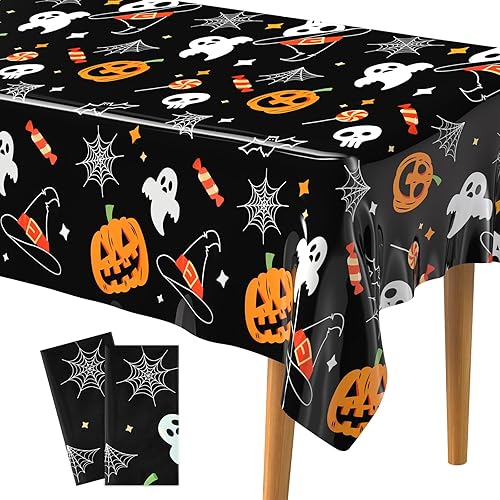 Miniatura 8 de PLULON Paquete de 3 manteles de Halloween de 54 x 108 pulgadas, tela de araña de calabaza, fantasma, murciélago, mantel de plástico para decoración