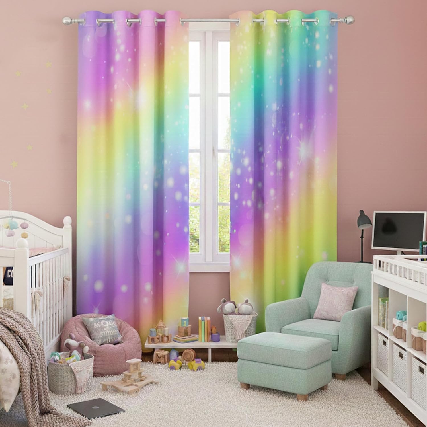 Rainbow Curtains Colorful Ombre Window Drapes Room Darkening Grommet Curtains for Girls Bedroom Nursery Dorm Decor, 2 Panel 42 x 84 inch