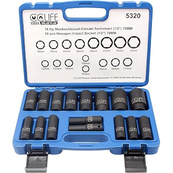 CCLIFE Impact Wrench Socket Set 1/2 Inch 10-32 mm Deep Hexagon 16-Piece