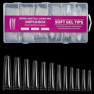 240Pcs Coffin Soft Gel Nail Tips, Long Coffin Nails, 12 Sizes Half Cover Tapered French Acrylic Clear False Nail Extension for Beginner and Professional Home Salon DIY