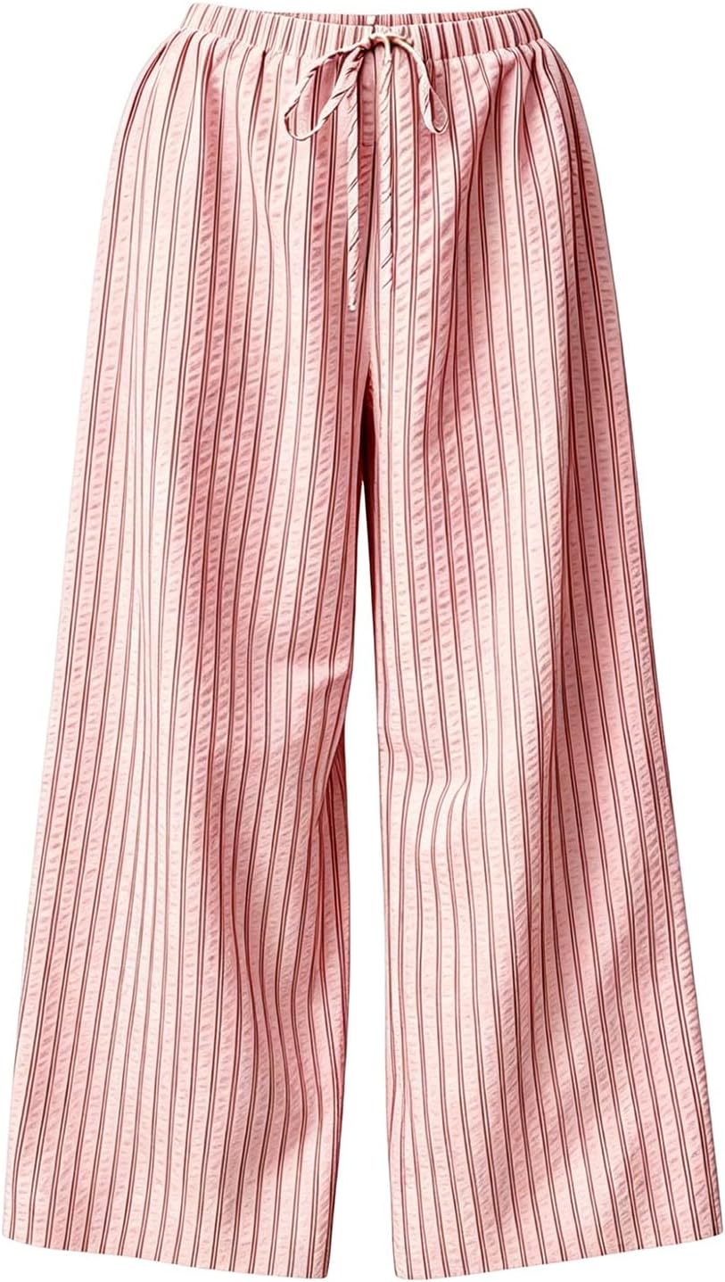 Elastic Waist Striped Wide Leg Palazzo Trousers, Pocketed Long Lounge Pants for Womens Relaxed Summer Daily Wear