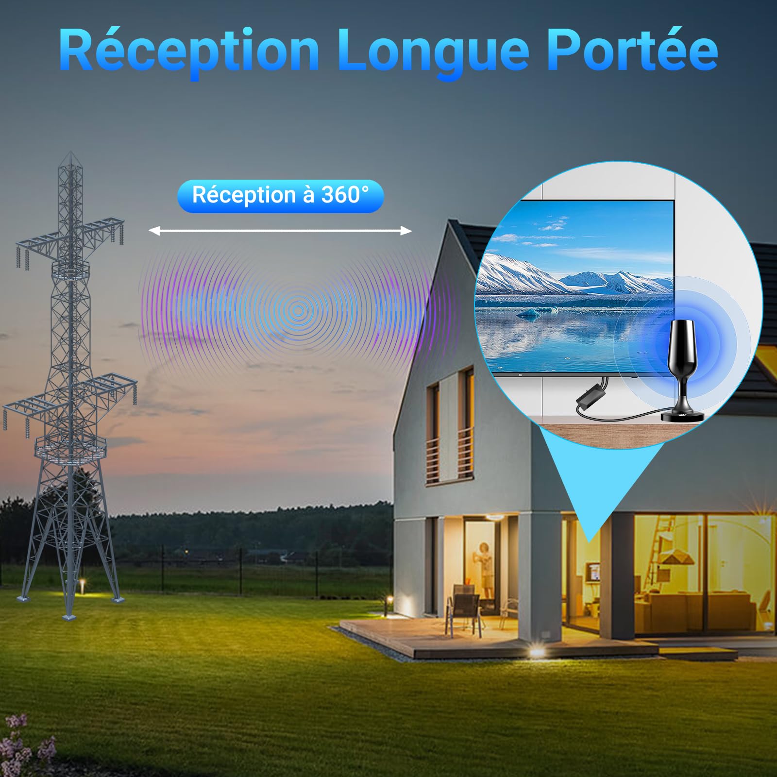 Antenne TV Intérieure Puissante TNT HD, 2026 Le Plus récent Antenne TV Intérieur avec Amplificateur de Signal à Gain Élevé, Réception Longue Portée à 360° avec Base Magnétique