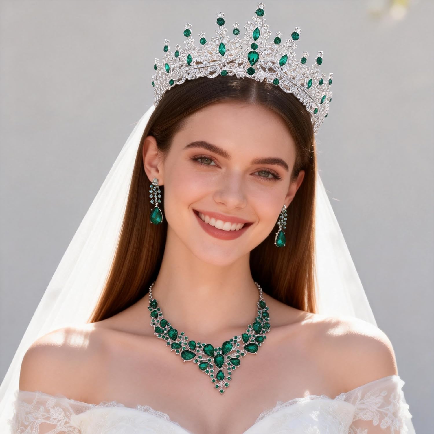 Kamirola Tiaras and Crowns for Women,Tiaras Earrings Necklace, Crystal Bridal Jewelry SetTR83 (Silver Green)