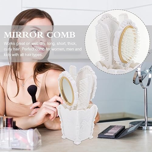 Miniatura 9 de Juego de peine de espejo de mano vintage 5 piezas de peine de dientes anchos cosméticos para niñas, espejo de mano con flor en relieve, cepillo