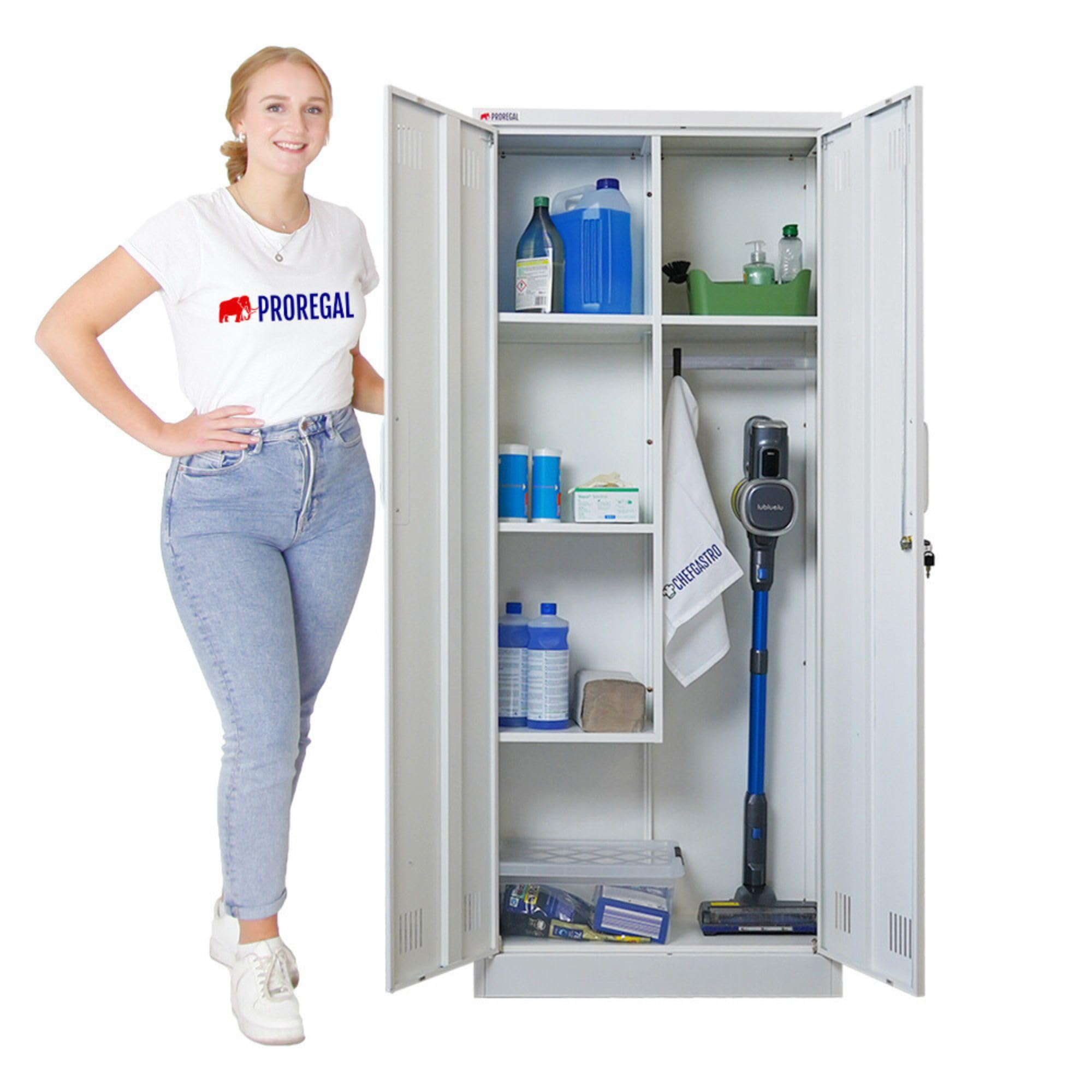 PROREGAL Putzmittelschrank Rhino Metall 2 Türen abschließbar Besenschrank schmal 170x70x30cm 5 Fächern & Kleiderstange Stahl Weiß Putzschrank Mehrzweckschrank Haushaltsschrank Flügeltürenschrank