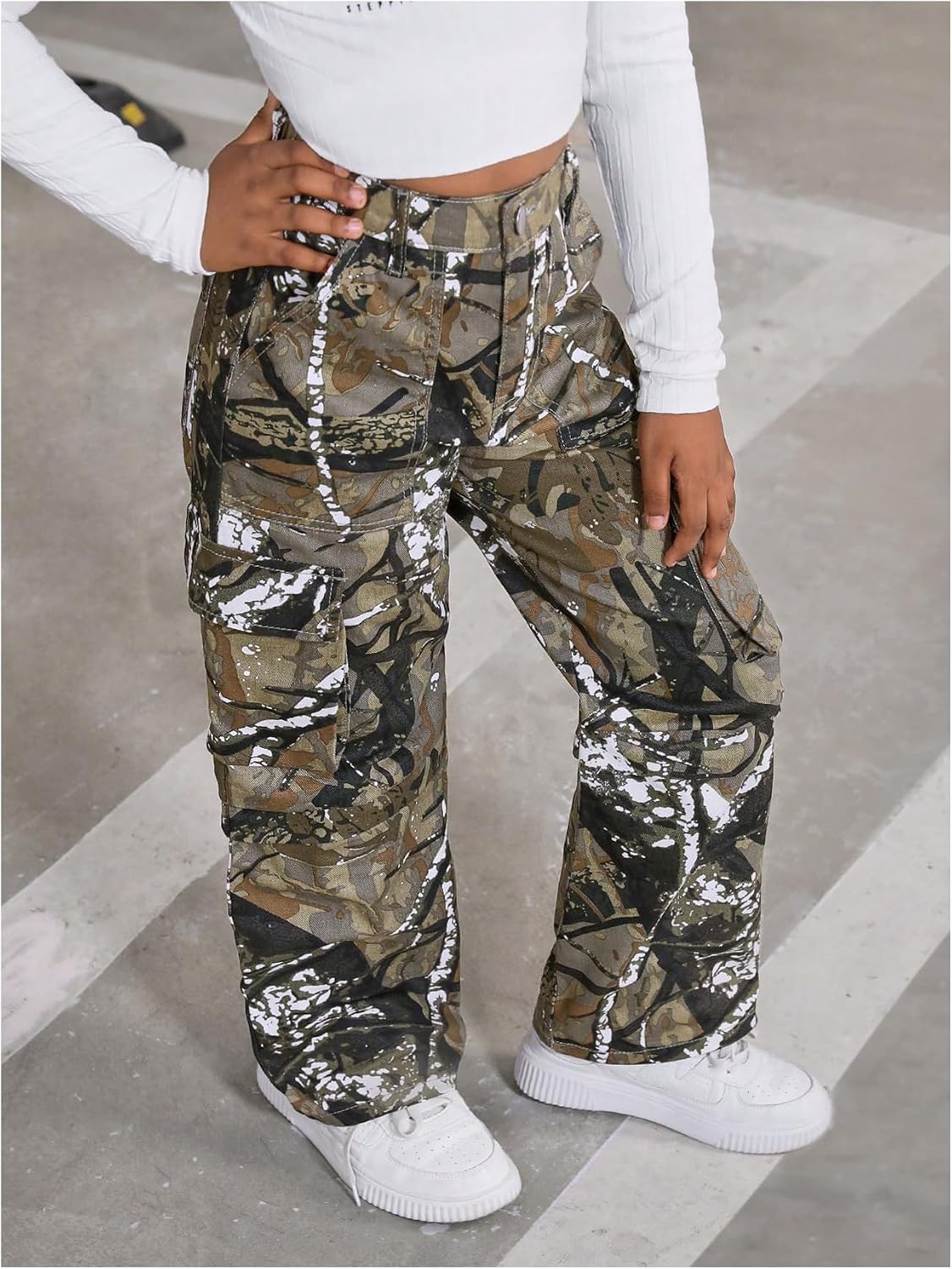 Floerns Girl's Kids Camo Pattern Cargo Jeans Y2k Wide Leg Denim Pants